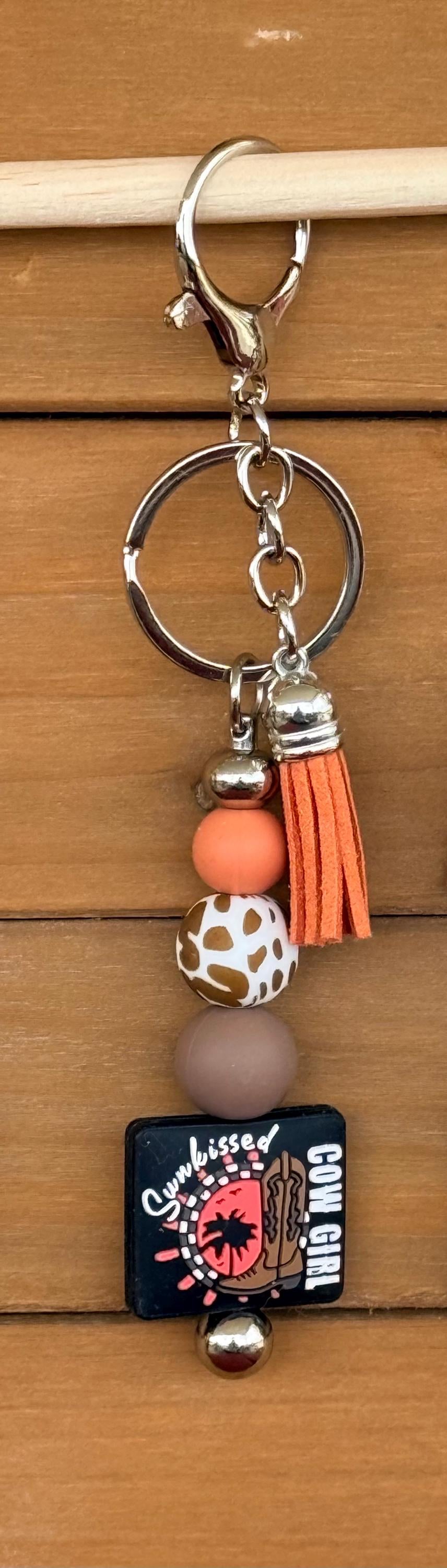 Western Cowgirl Silicone Beaded Keychain with Leather Tassel | Sunflowers, Sun-Kissed & Hat Designs