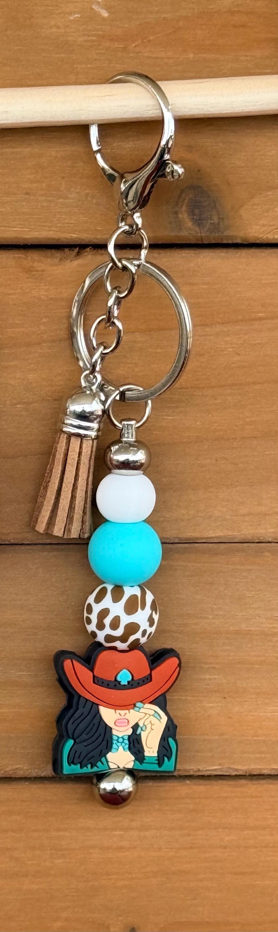 Western Cowgirl Silicone Beaded Keychain with Leather Tassel | Sunflowers, Sun-Kissed & Hat Designs