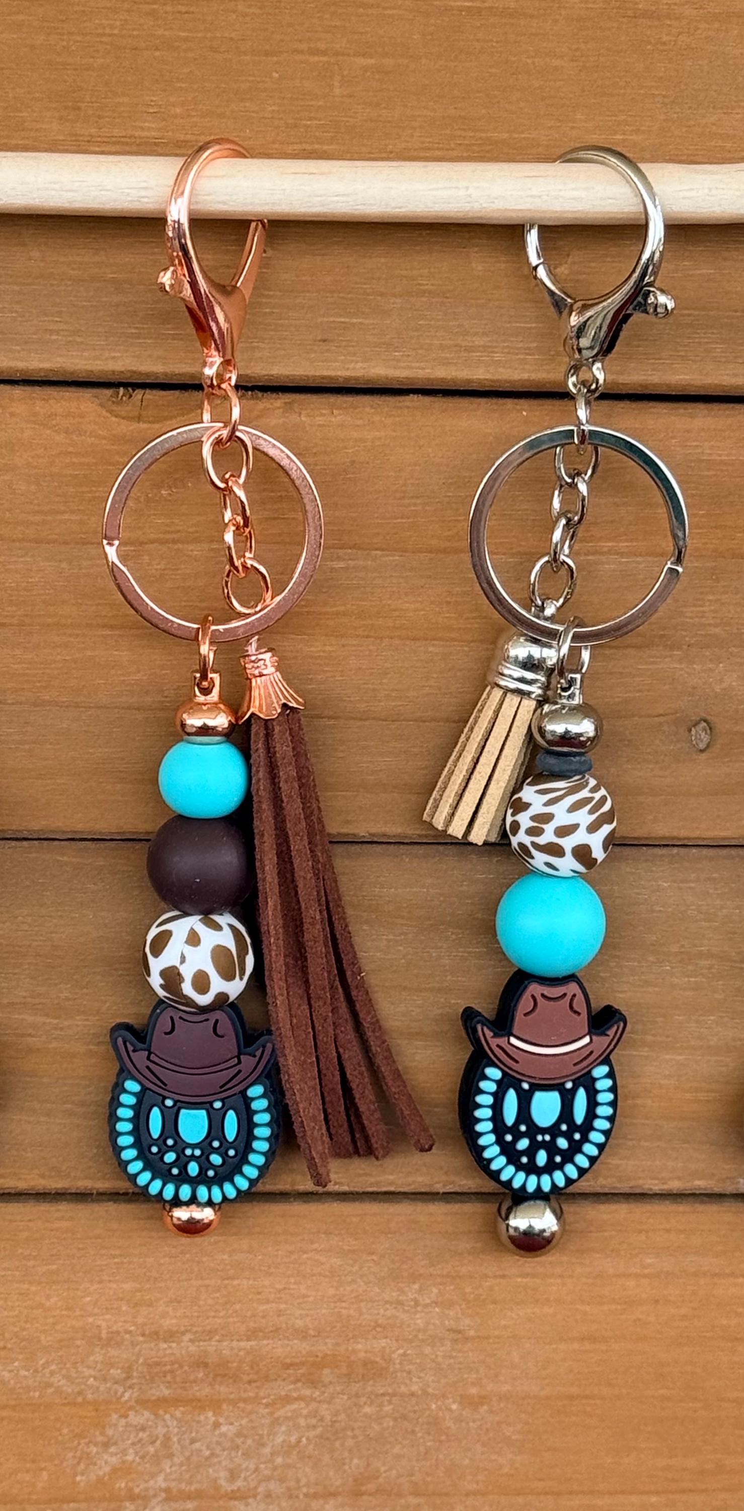Western Country Girl Silicone Beaded Keychain with Leather Tassel