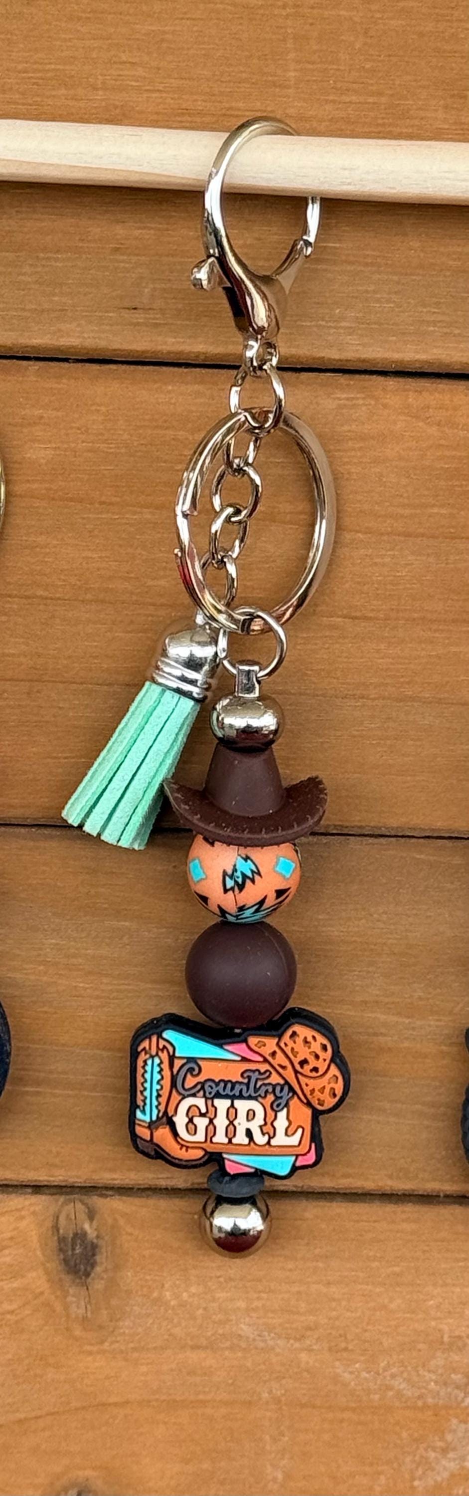 Western Country Girl Silicone Beaded Keychain with Leather Tassel