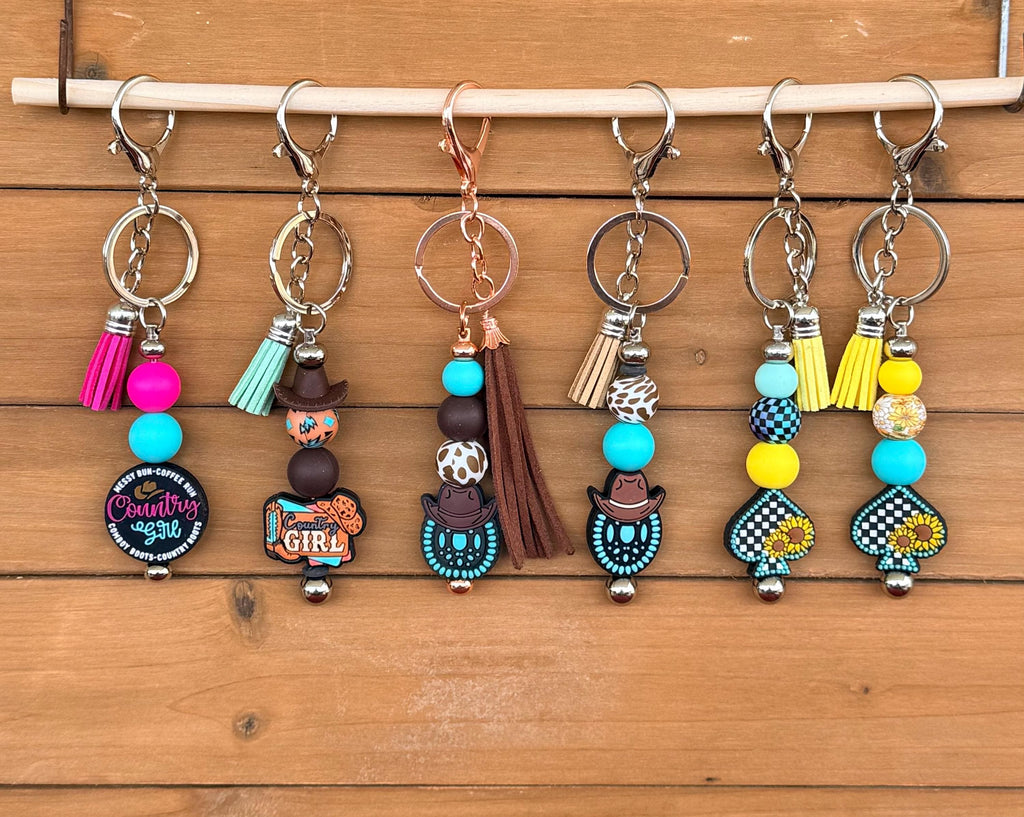 Western Country Girl Silicone Beaded Keychain with Leather Tassel