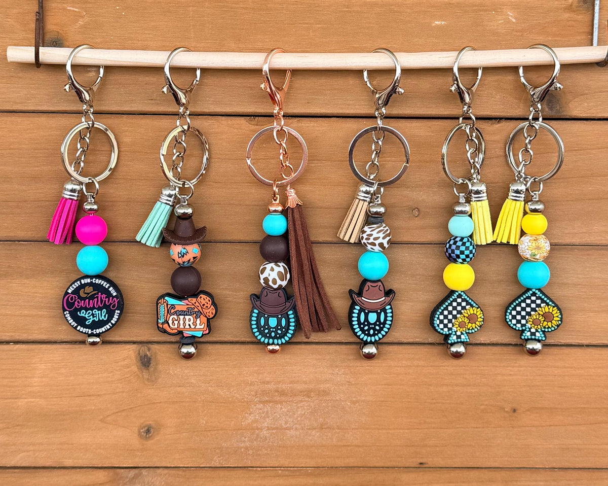 Western Country Girl Silicone Beaded Keychain with Leather Tassel