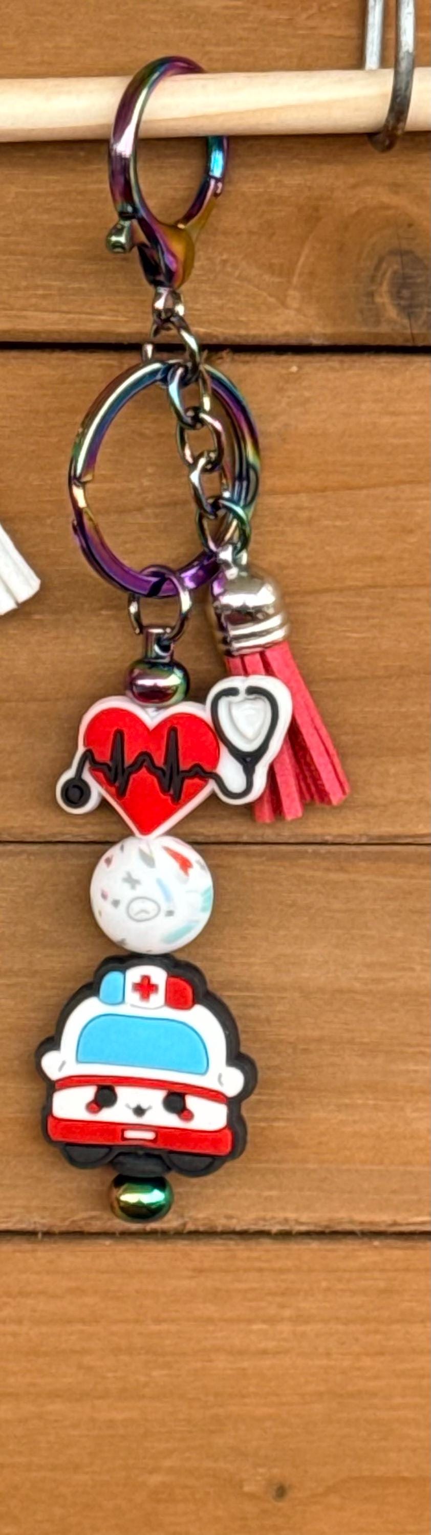 EMS Ambulance Silicone Beaded Keychain with Leather Tassel | Gift for Paramedics & Emergency Responders