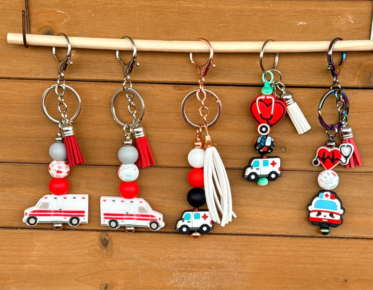 EMS Ambulance Silicone Beaded Keychain with Leather Tassel | Gift for Paramedics & Emergency Responders