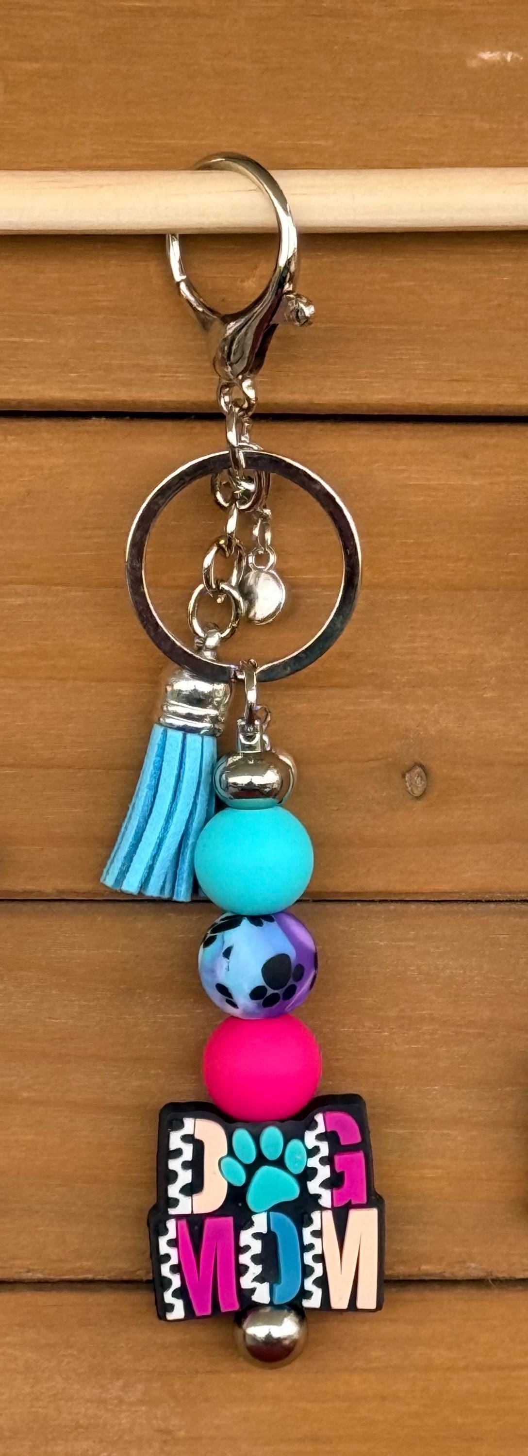 Dog Mom Silicone Beaded Keychain & Wristlet with Leather Tassel