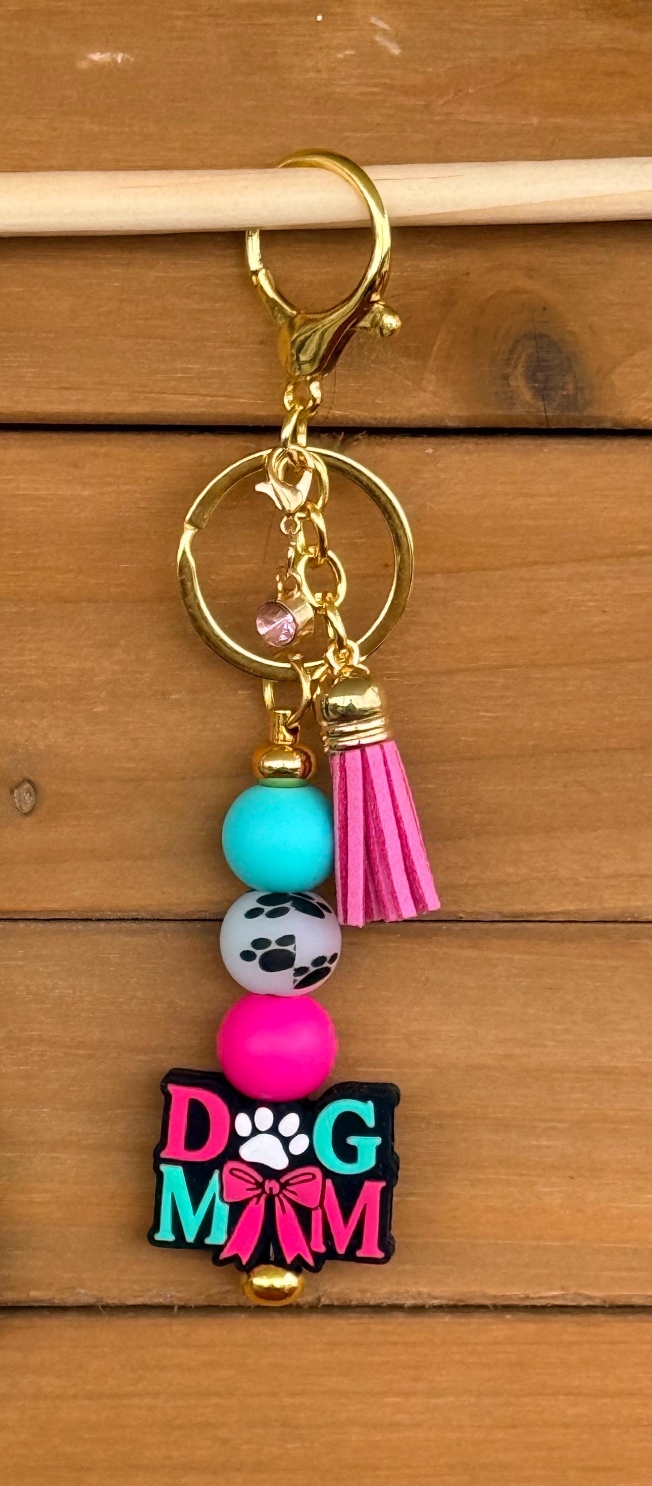 Dog Mom Silicone Beaded Keychain & Wristlet with Leather Tassel