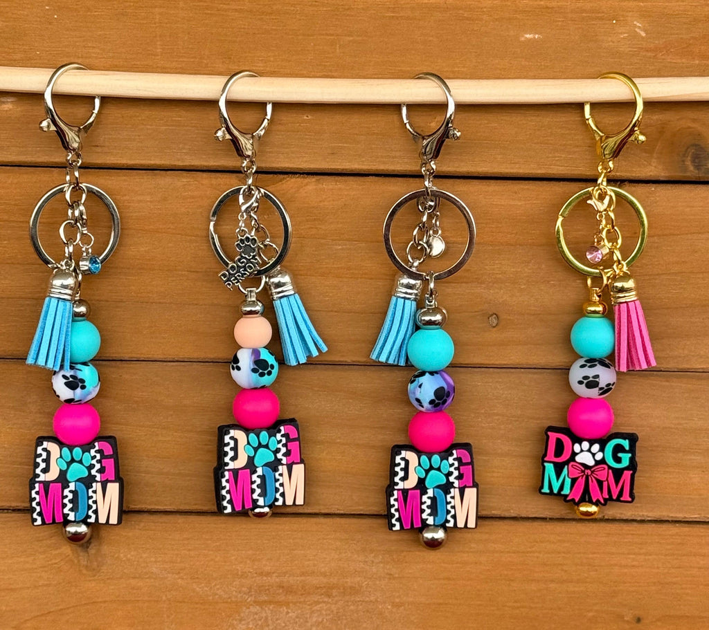 Dog Mom Silicone Beaded Keychain & Wristlet with Leather Tassel