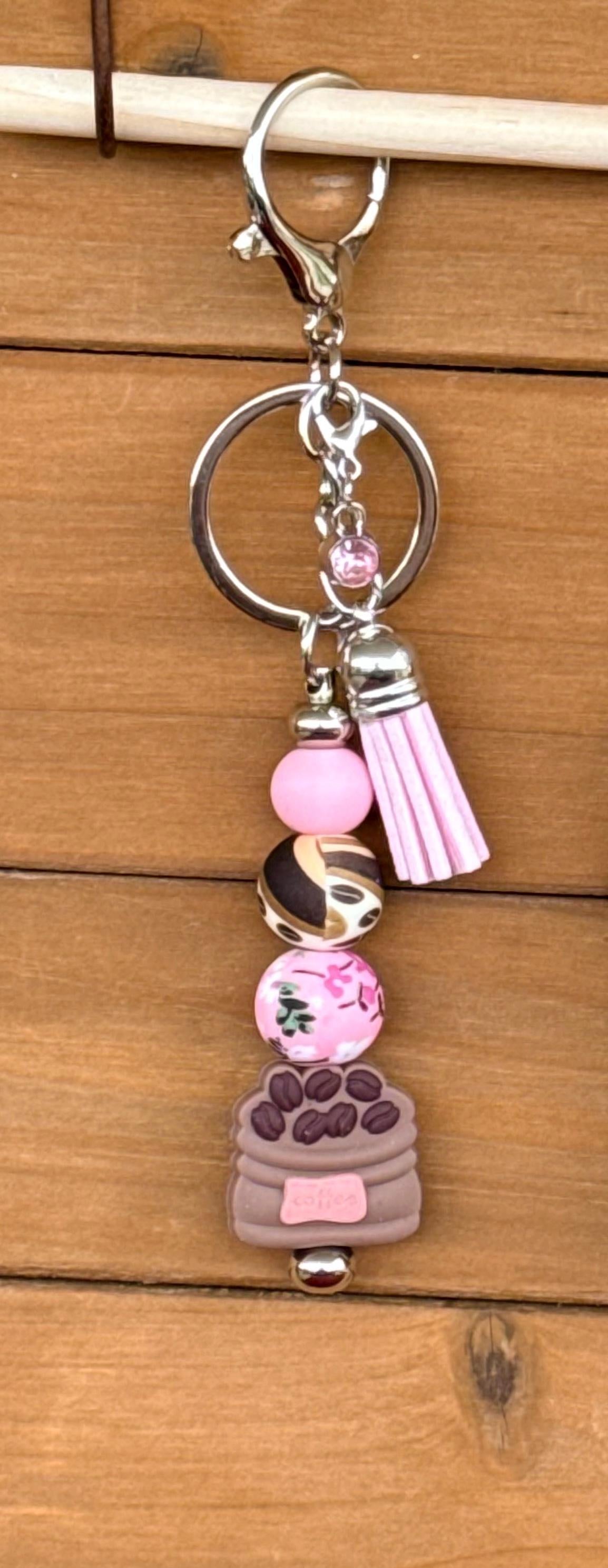 Coffee Lover Silicone Beaded Keychain with Leather Tassel