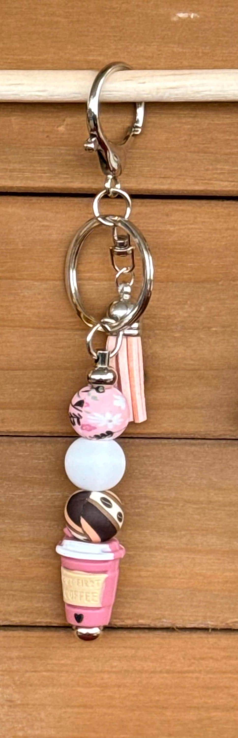 Coffee Lover Silicone Beaded Keychain with Leather Tassel