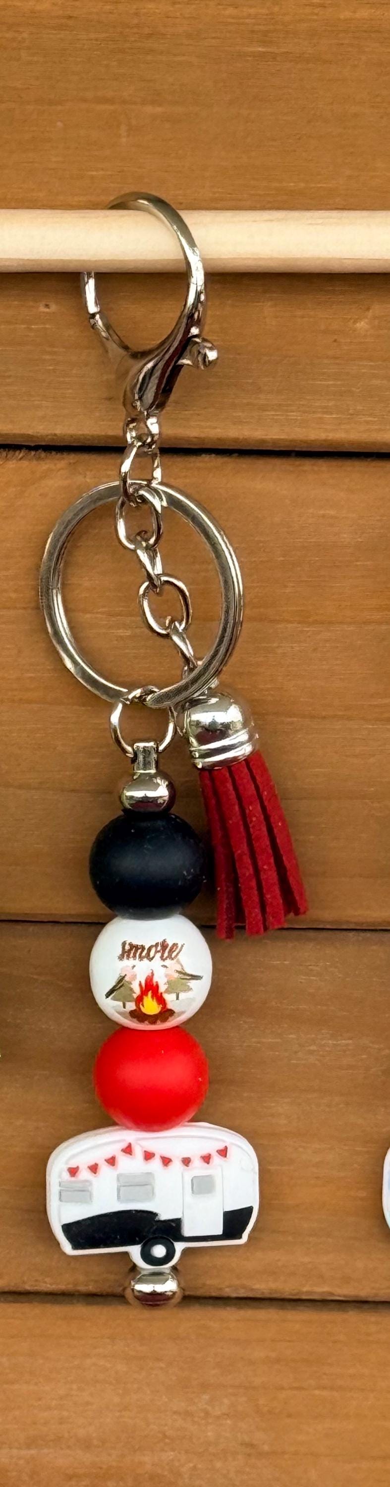 Happy Camper RV Silicone Beaded Keychain with Leather Tassel