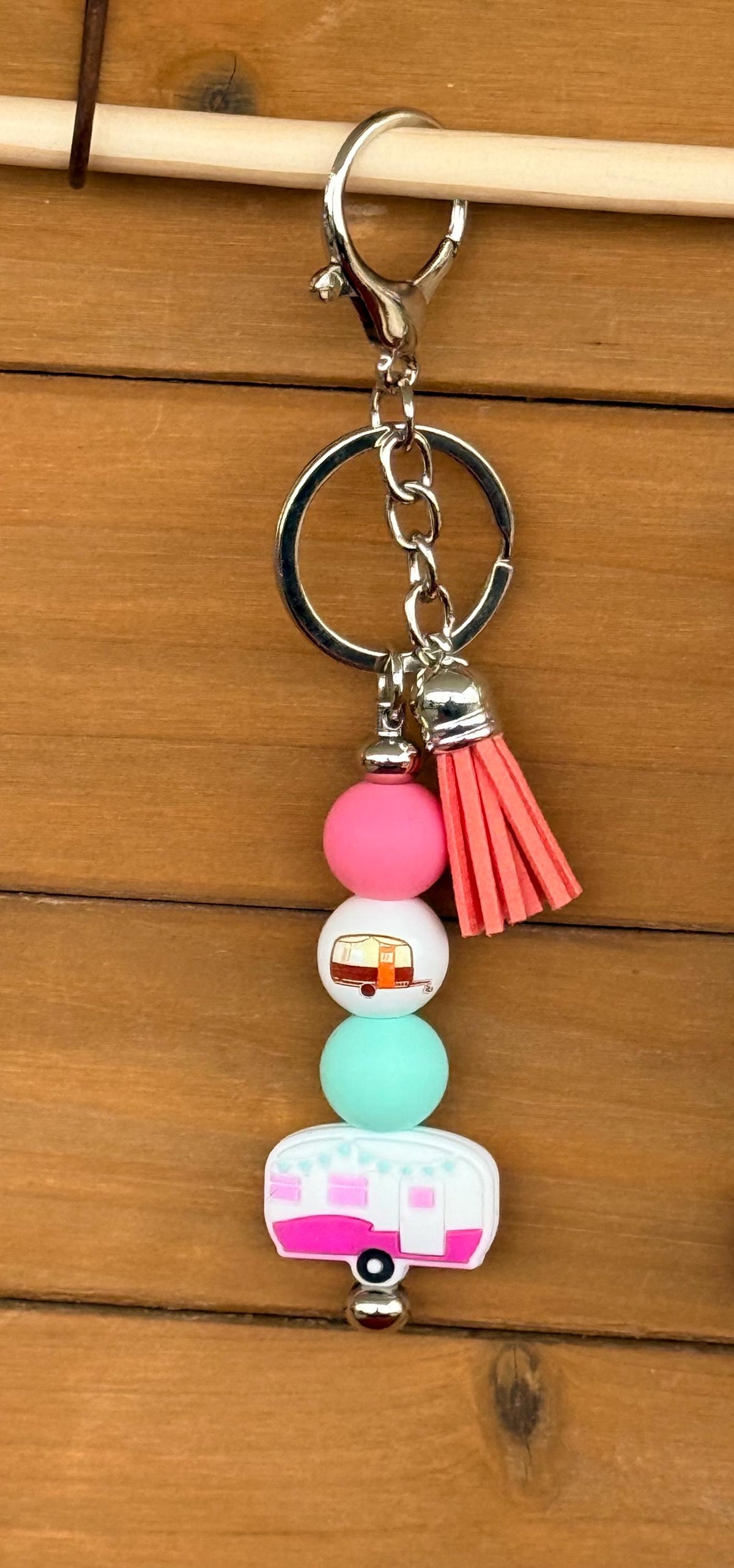 Happy Camper RV Silicone Beaded Keychain with Leather Tassel