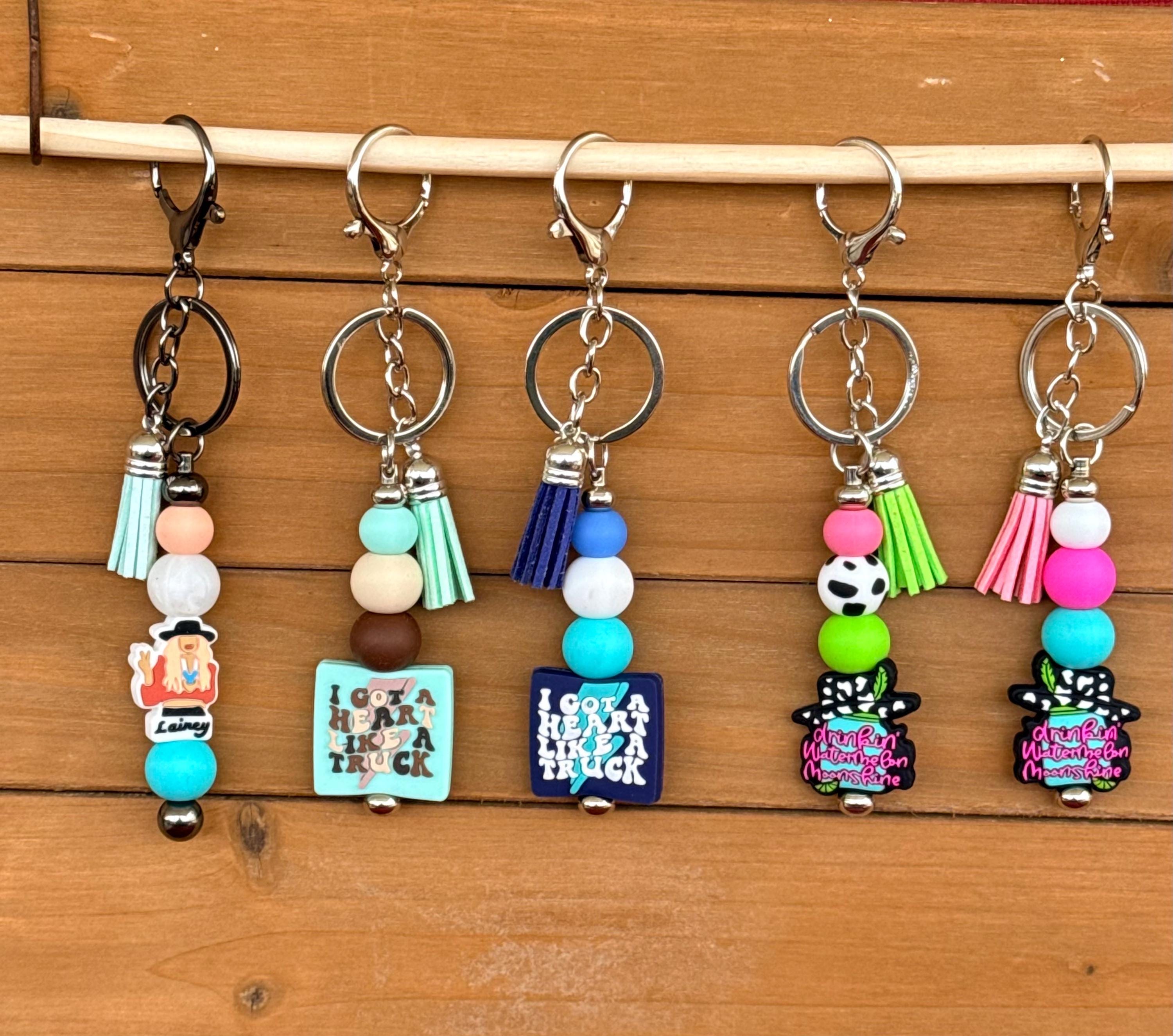 Country Music Silicone Beaded Faux Leather Tassel Keychain | Western Heart & Watermelon | Bag & Backpack Charm