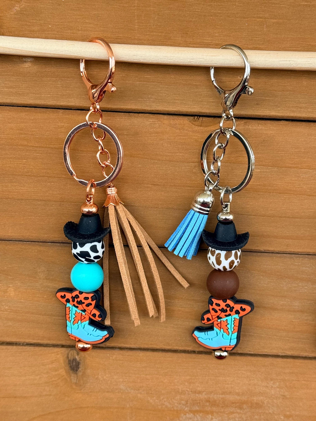 Western Boots Silicone Beaded Keychain with Leather Tassel