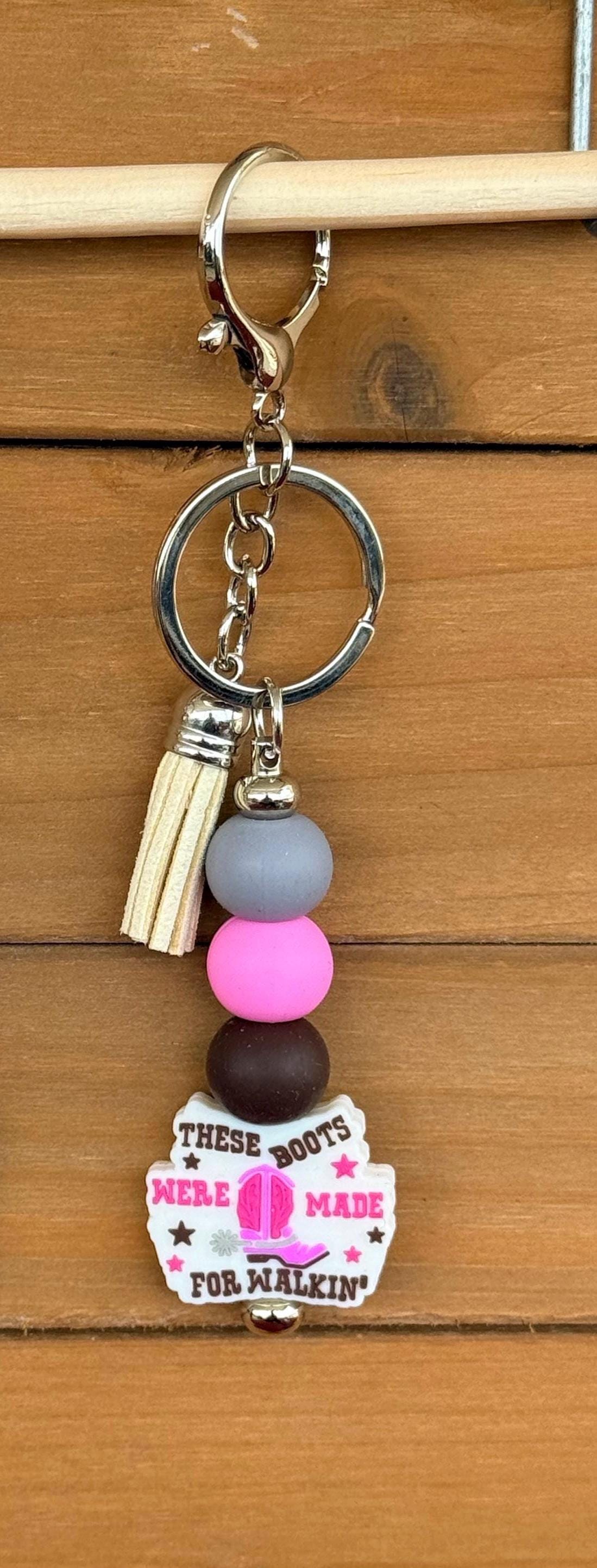 Western Boots Silicone Beaded Keychain with Leather Tassel