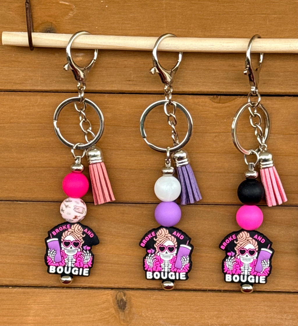 Broke & Bougie Silicone Beaded Keychain with Leather Tassel