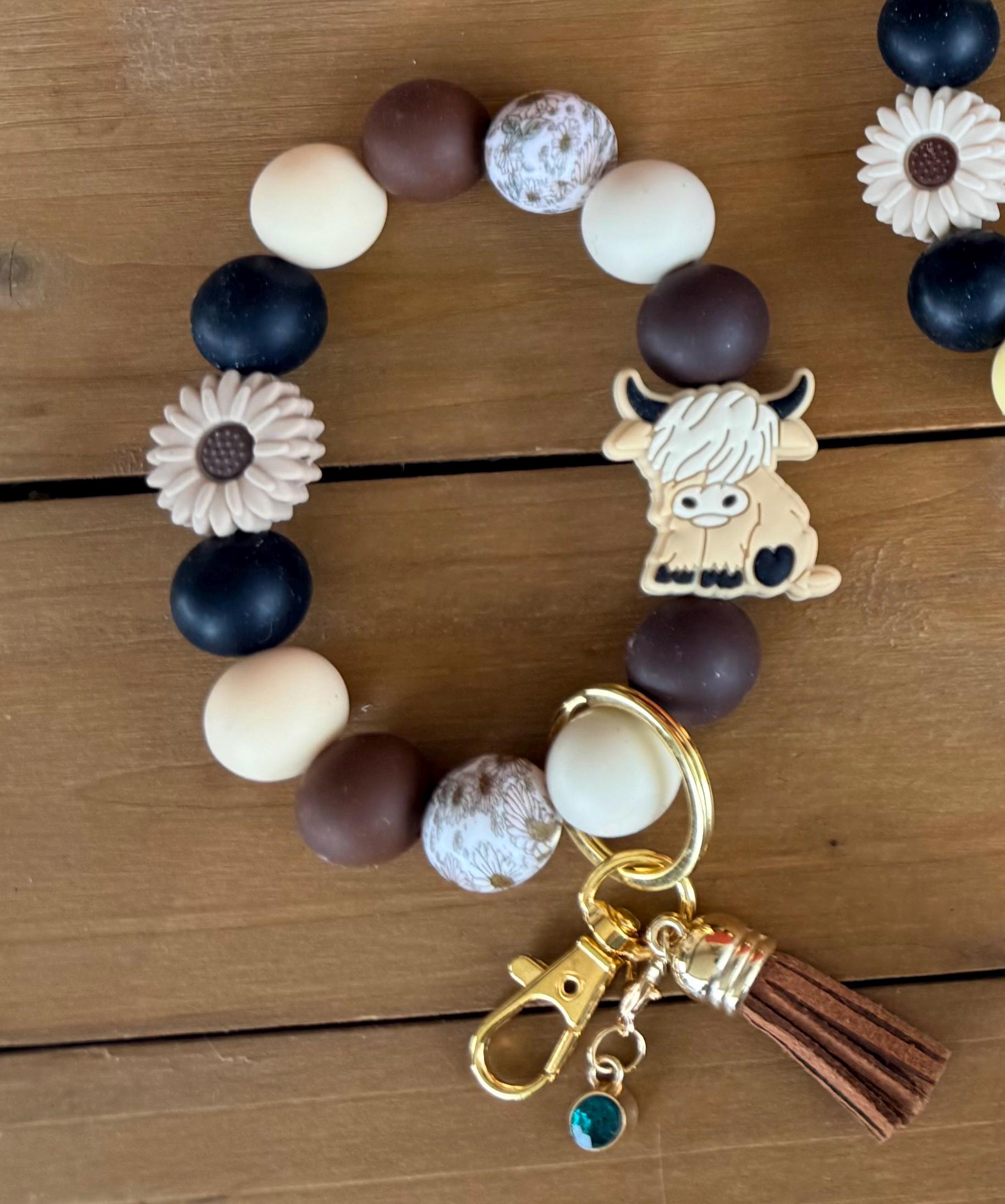Highland Cow Silicone Beaded Wristlet Bracelet Keychain with Leather Tassel & Crystal Accent