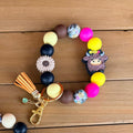 Highland Cow Silicone Beaded Wristlet Bracelet Keychain with Leather Tassel & Crystal Accent