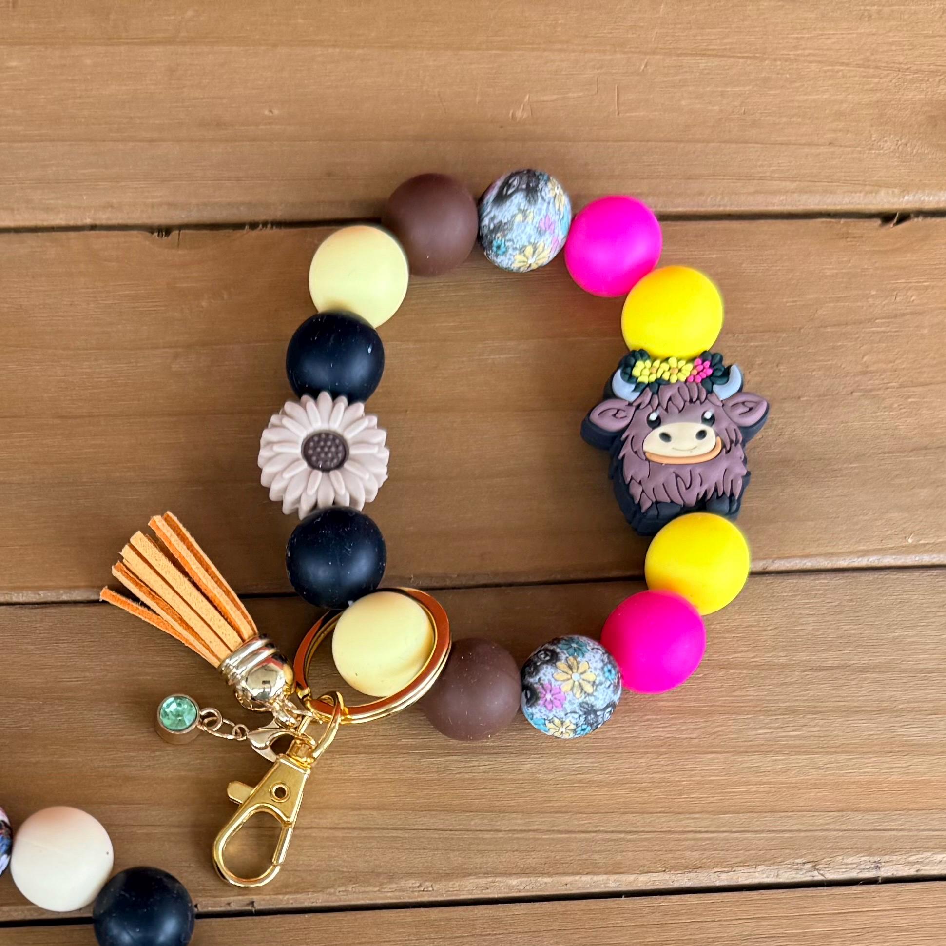Highland Cow Silicone Beaded Wristlet Bracelet Keychain with Leather Tassel & Crystal Accent