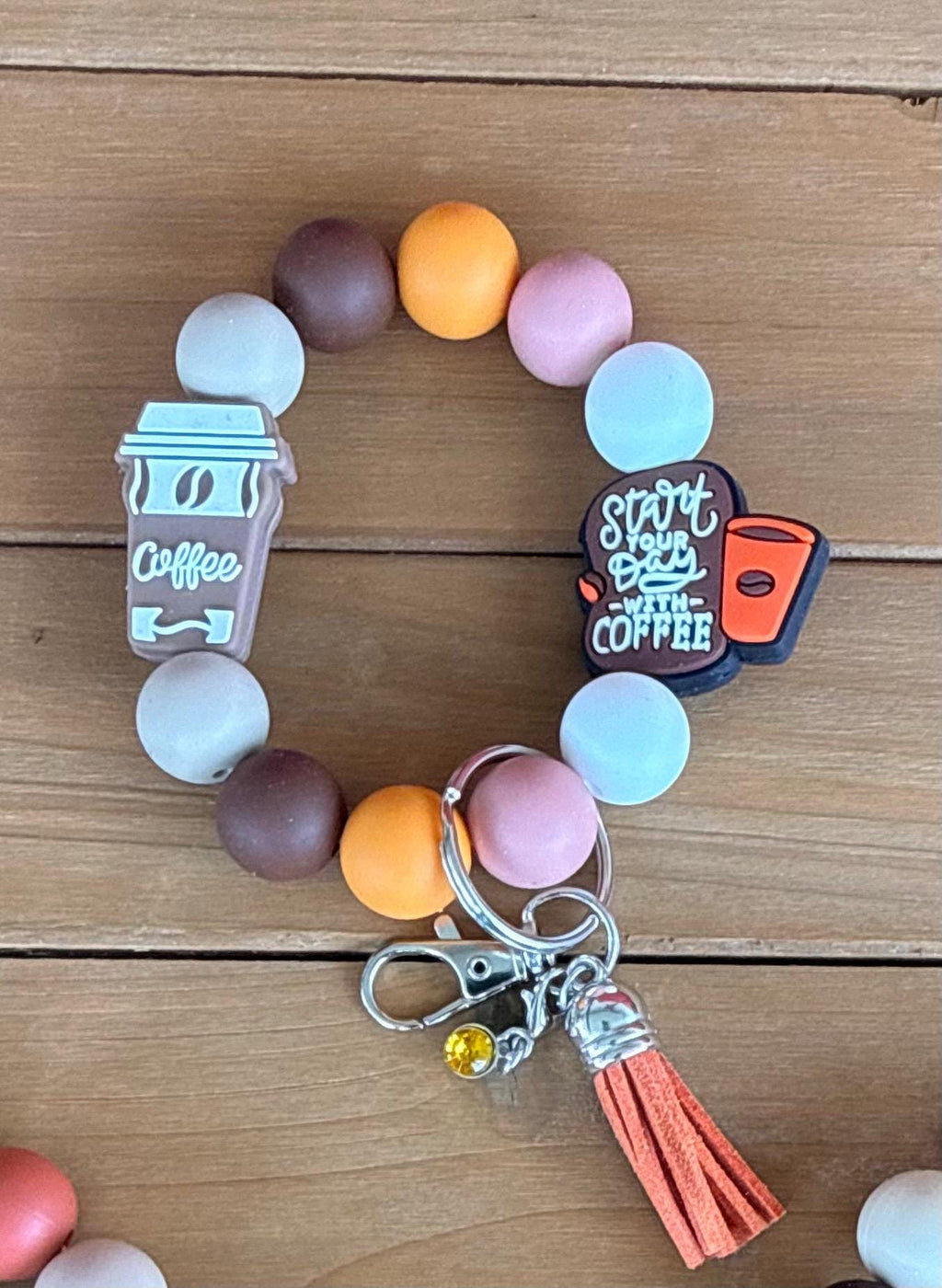 Coffee Lover Brown Coffee Cup Silicone Beaded Wristlet Bracelet Keychain | Leather Tassel & Crystal Jewel