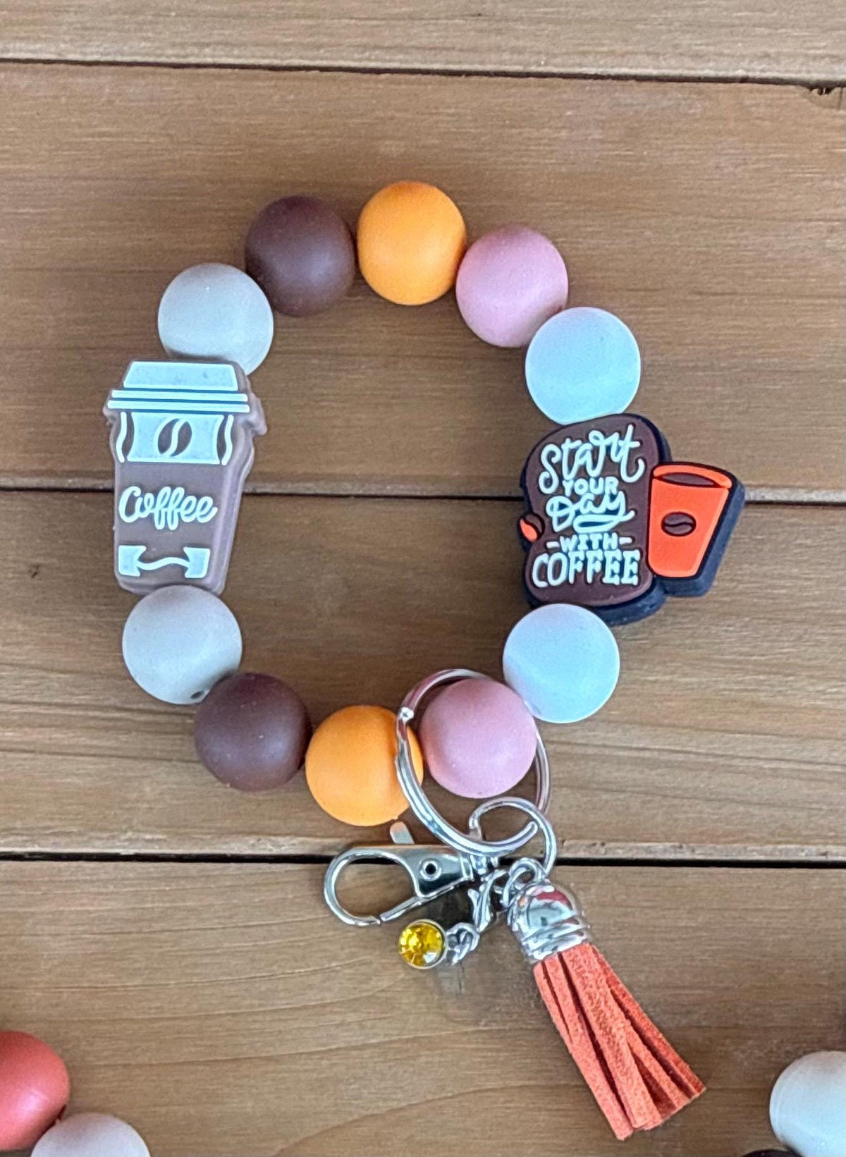 Coffee Lover Brown Coffee Cup Silicone Beaded Wristlet Bracelet Keychain | Leather Tassel & Crystal Jewel