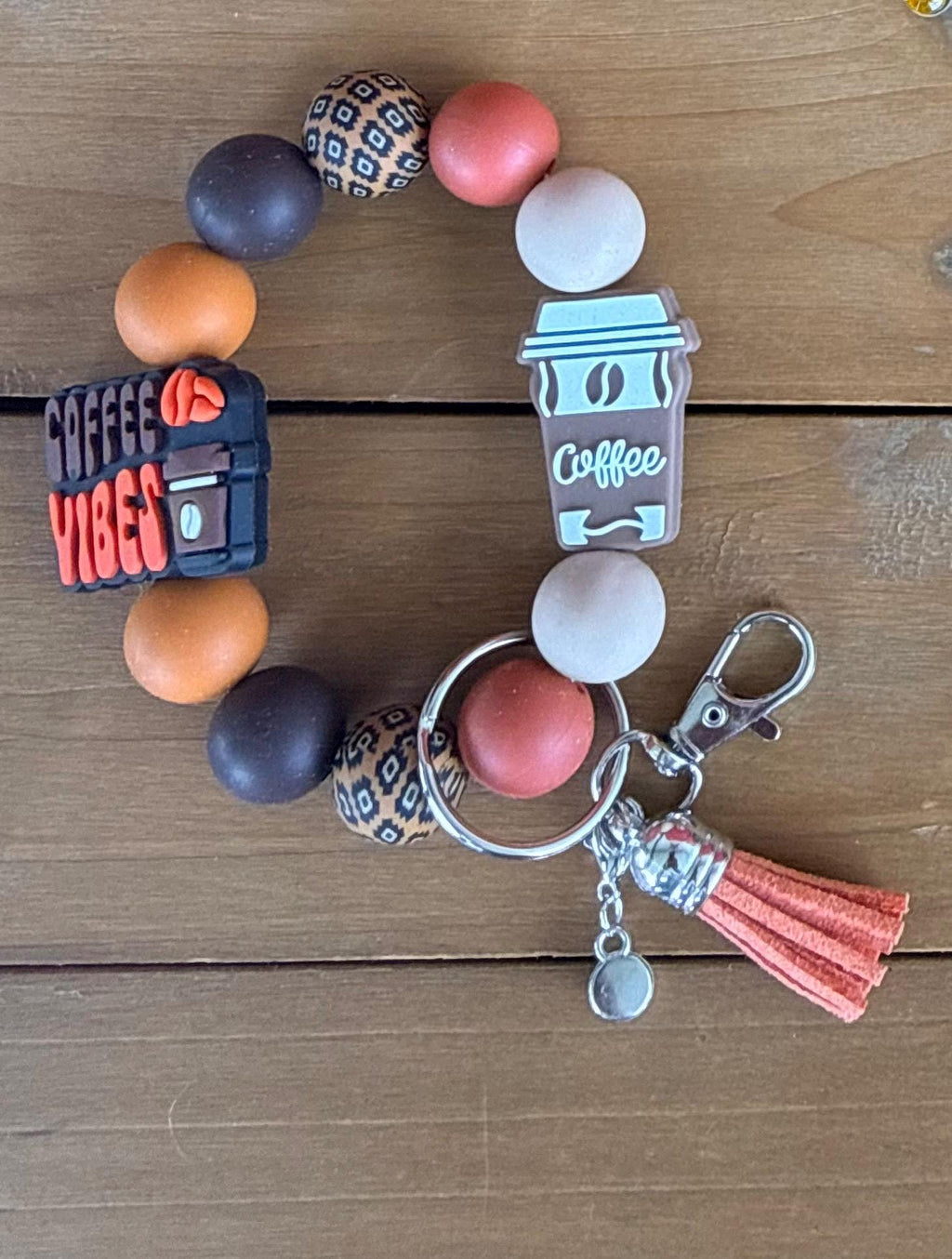 Coffee Lover Brown Coffee Cup Silicone Beaded Wristlet Bracelet Keychain | Leather Tassel & Crystal Jewel