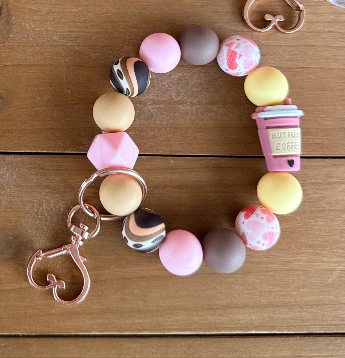But First Coffee Pink Coffee Cup Silicone Beaded Wristlet Bracelet Keychain with Leather Tassel & Crystal Jewel