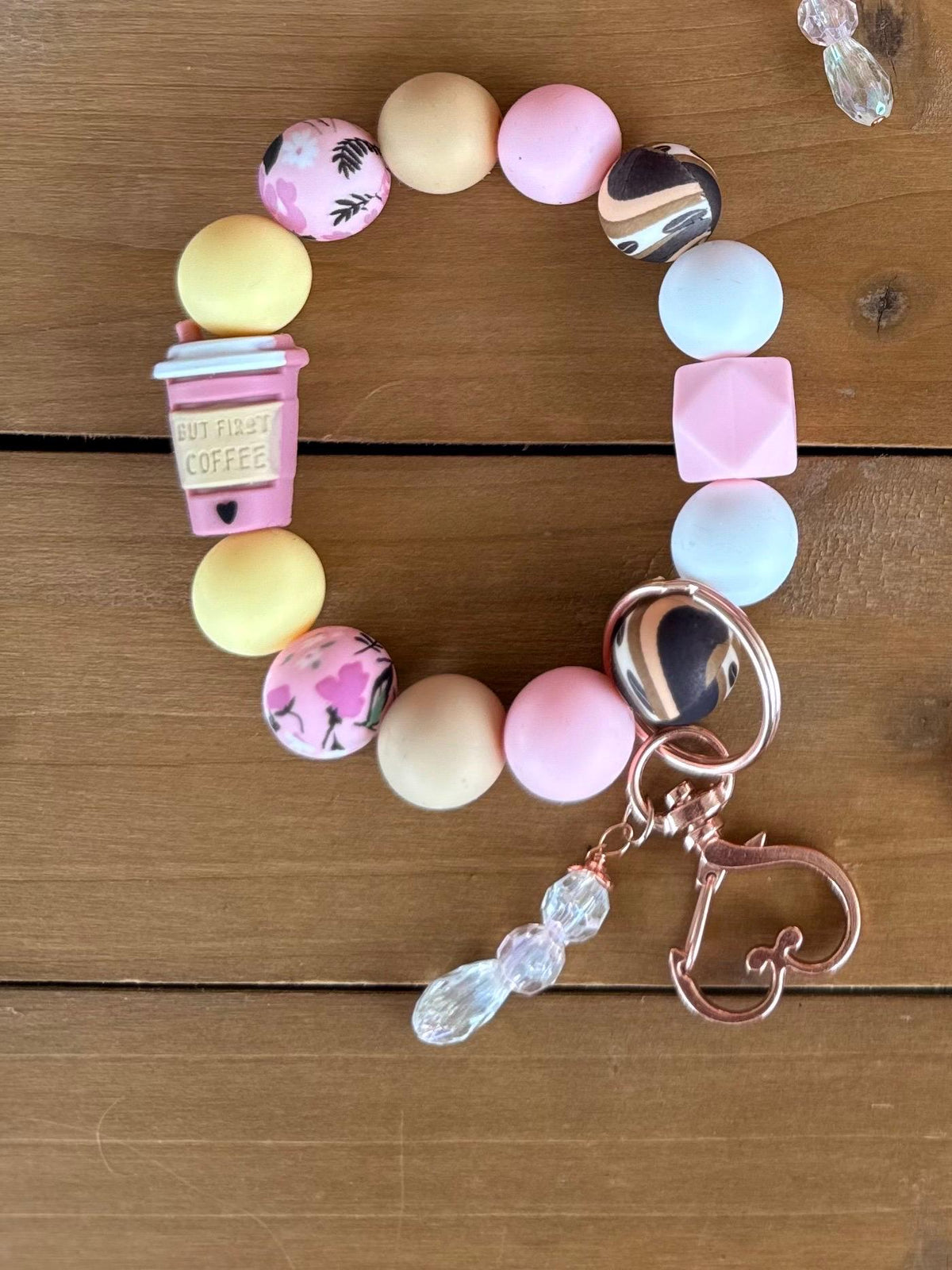 But First Coffee Pink Coffee Cup Silicone Beaded Wristlet Bracelet Keychain with Leather Tassel & Crystal Jewel