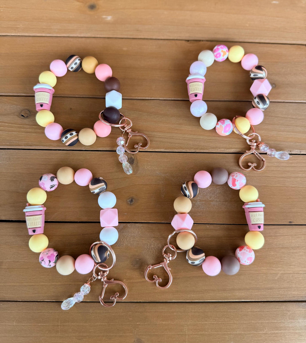 But First Coffee Pink Coffee Cup Silicone Beaded Wristlet Bracelet Keychain with Leather Tassel & Crystal Jewel