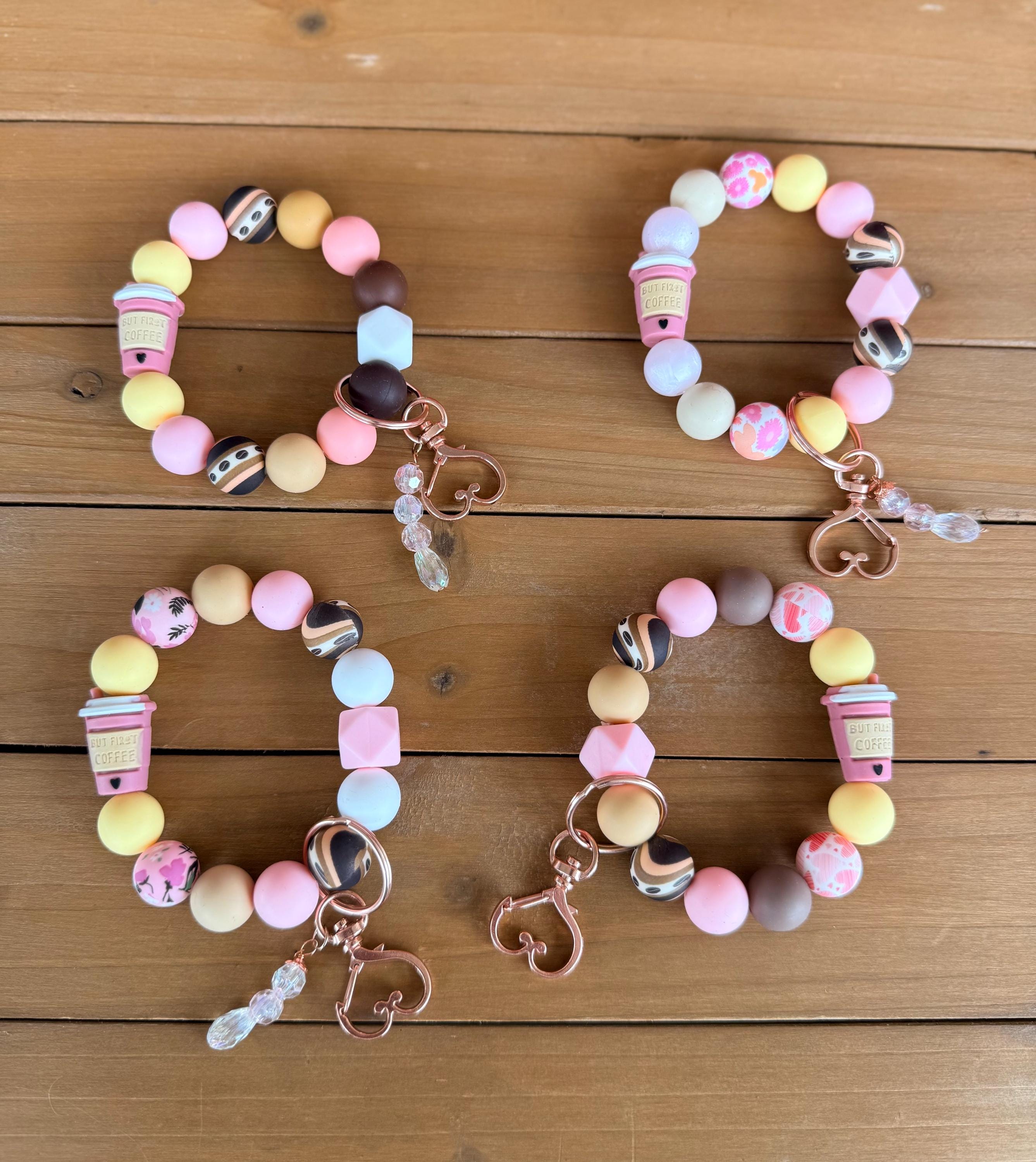 But First Coffee Pink Coffee Cup Silicone Beaded Wristlet Bracelet Keychain with Leather Tassel & Crystal Jewel