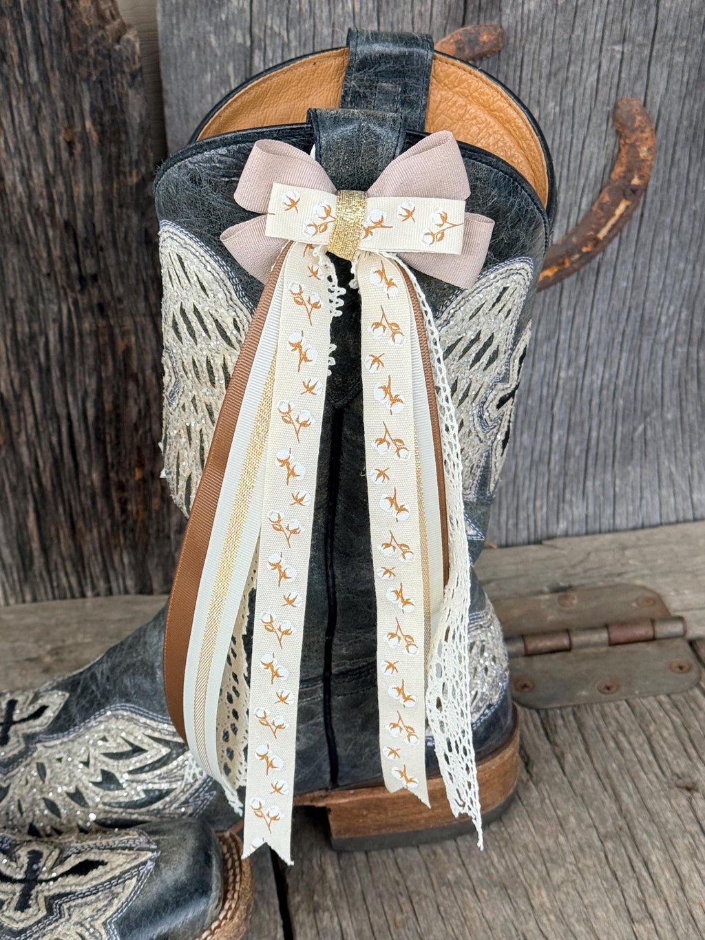 Western Boot Bows - White Cotton Print with Gold & Brown Ribbon