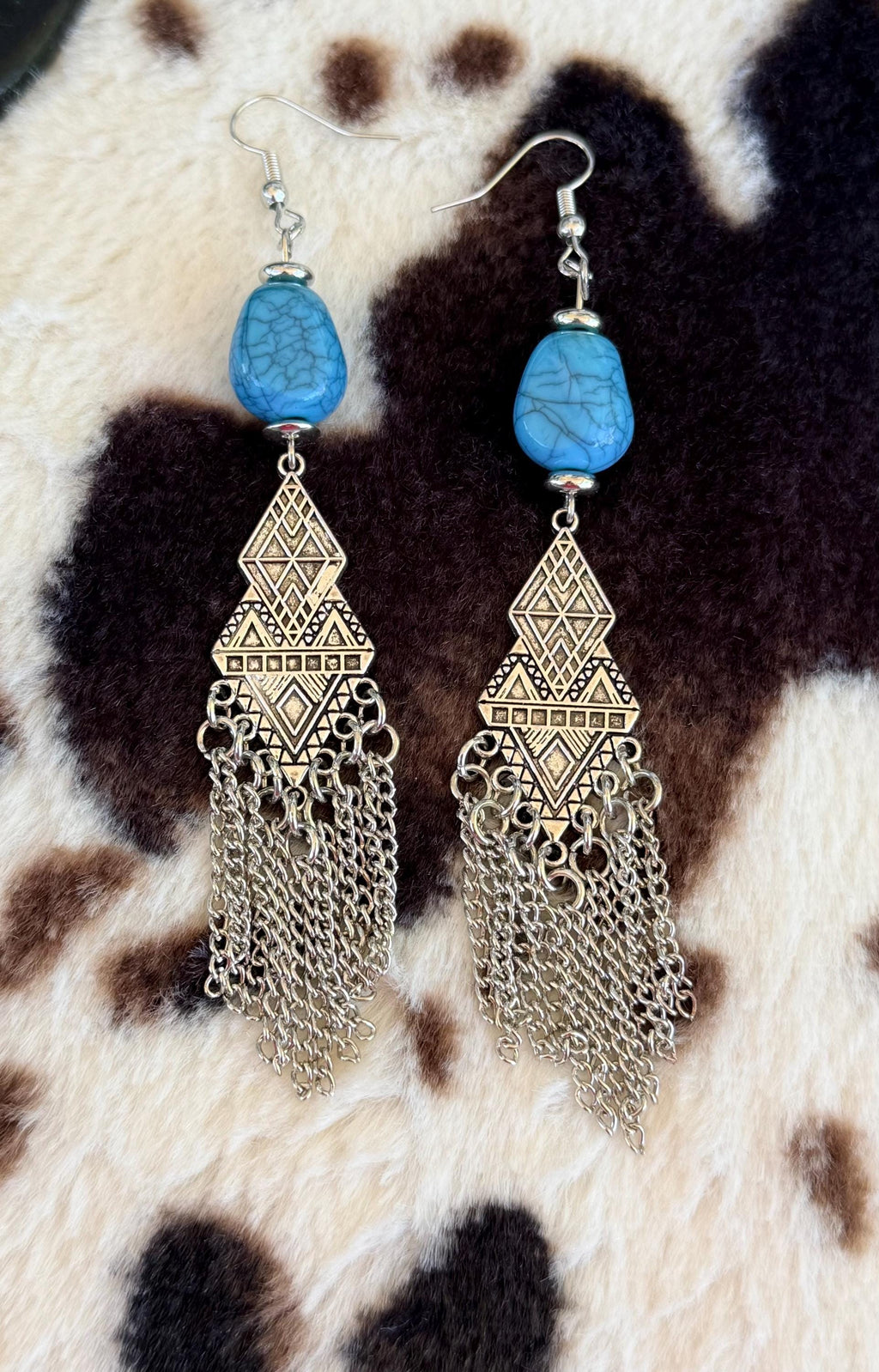 Western Boho Turquoise Stone & Silver Chain Dangle Earrings | Cowgirl Concert Jewelry