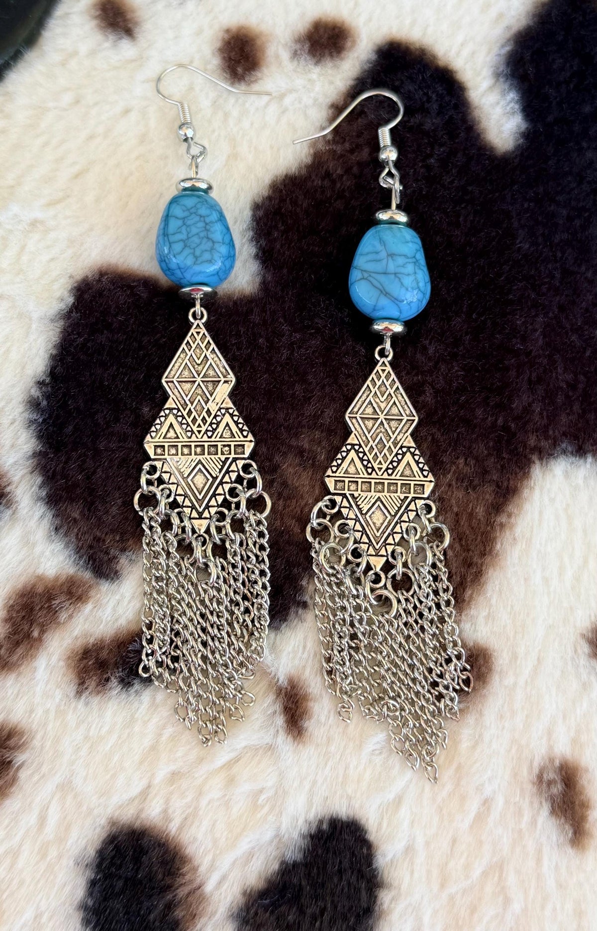 Western Boho Turquoise Stone & Silver Chain Dangle Earrings | Cowgirl Concert Jewelry
