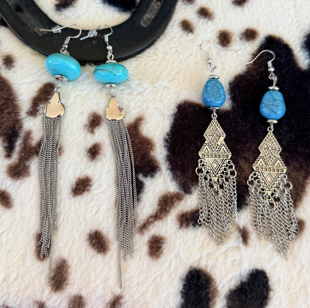 Western Boho Turquoise Stone & Silver Chain Dangle Earrings | Cowgirl Concert Jewelry