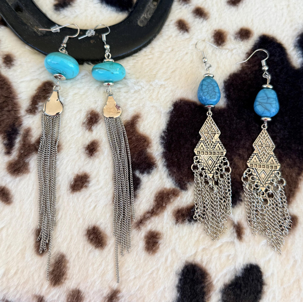 Western Boho Turquoise Stone & Silver Chain Dangle Earrings | Cowgirl Concert Jewelry