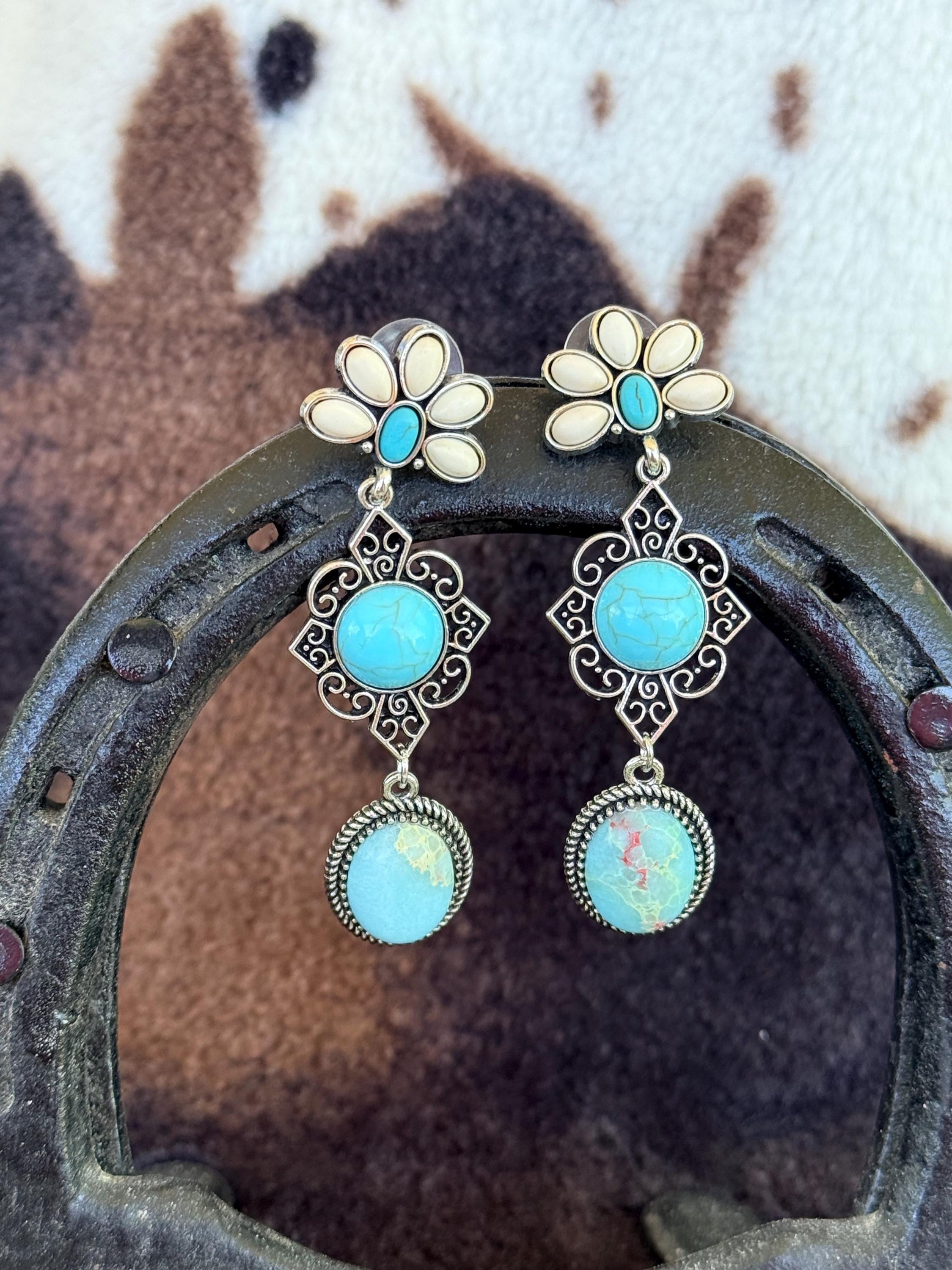 Western Boho Turquoise Concho Dangle Earrings | Cowgirl Statement Jewelry