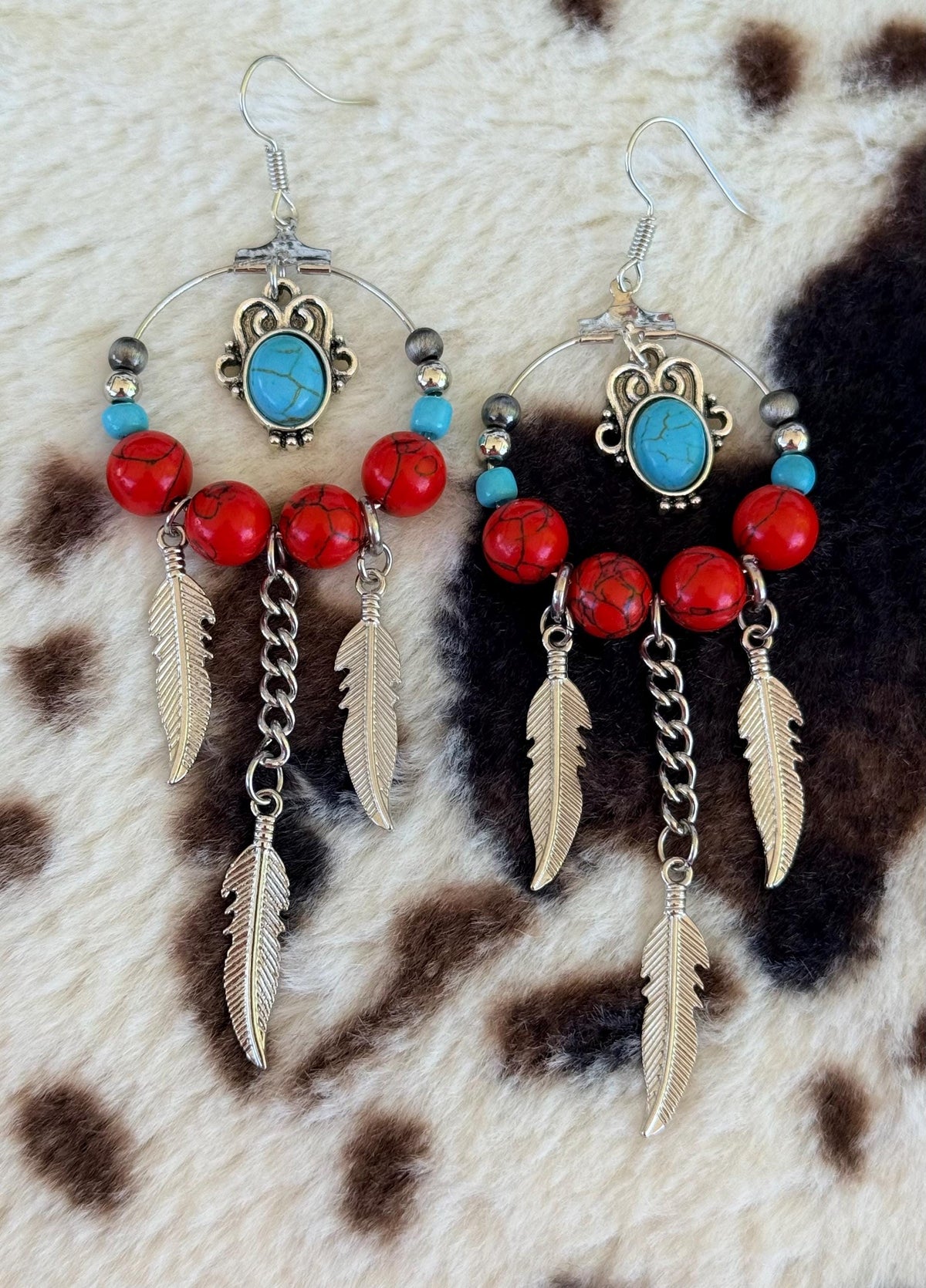 Western Boho Beaded Feather Charm Dangle Earrings | Turquoise, Red & Silver