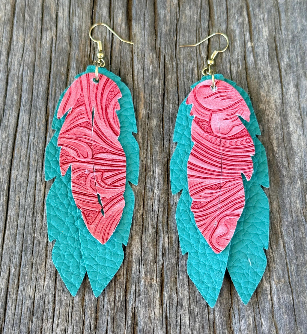 Boho Western Faux Leather Layered Feather-Shaped Dangle Earrings | Pink & Turquoise | Light & Dark Pink