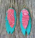Boho Western Faux Leather Layered Feather-Shaped Dangle Earrings | Pink & Turquoise | Light & Dark Pink