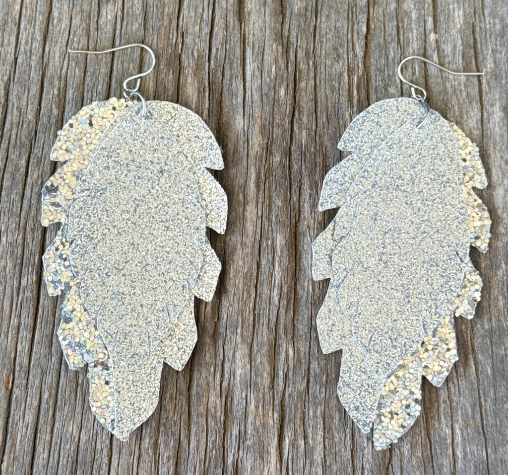 Western Boho Faux Leather Feather Dangle Earrings | Silver & White Glitter