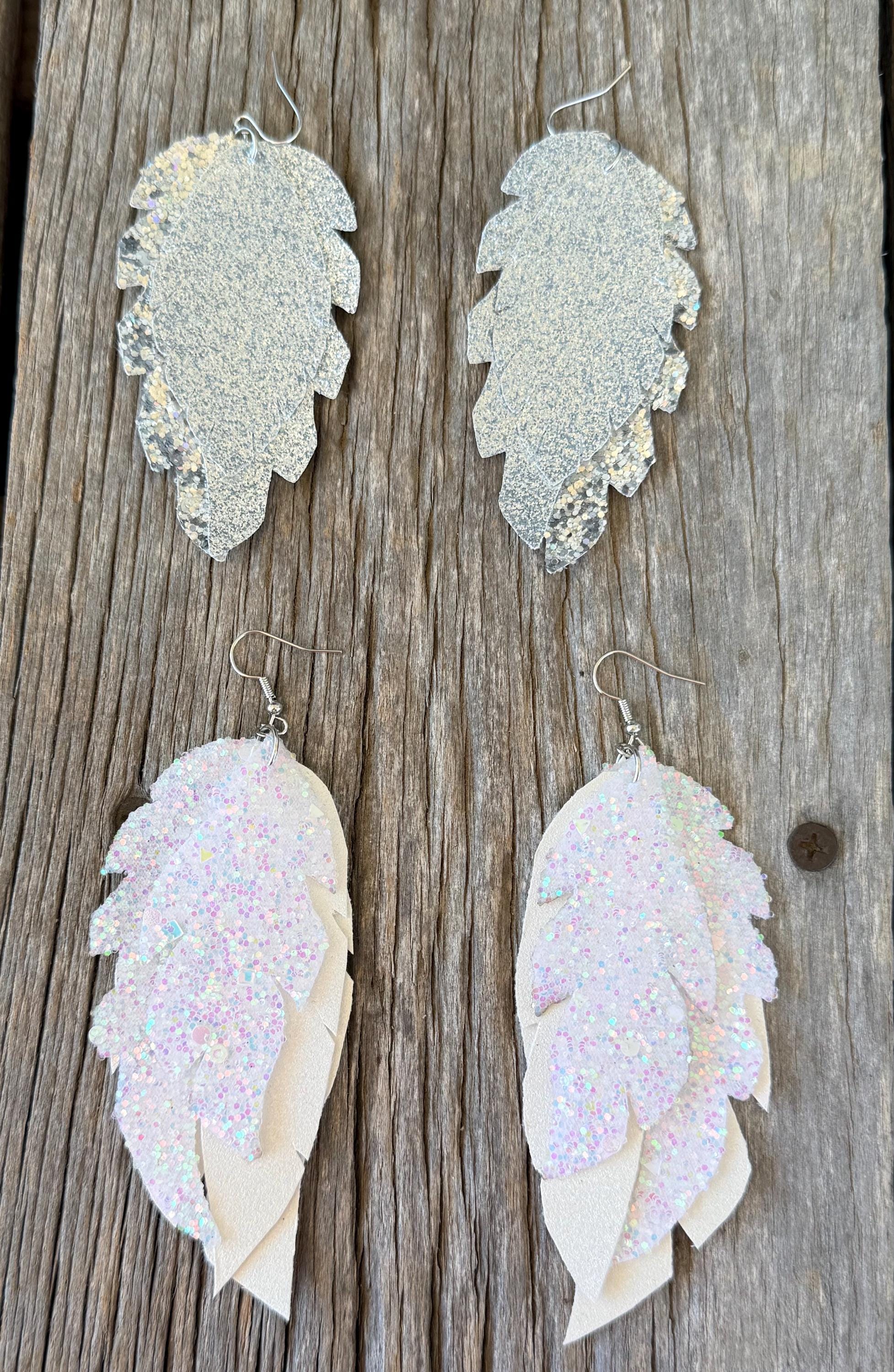 Western Boho Faux Leather Feather Dangle Earrings | Silver & White Glitter
