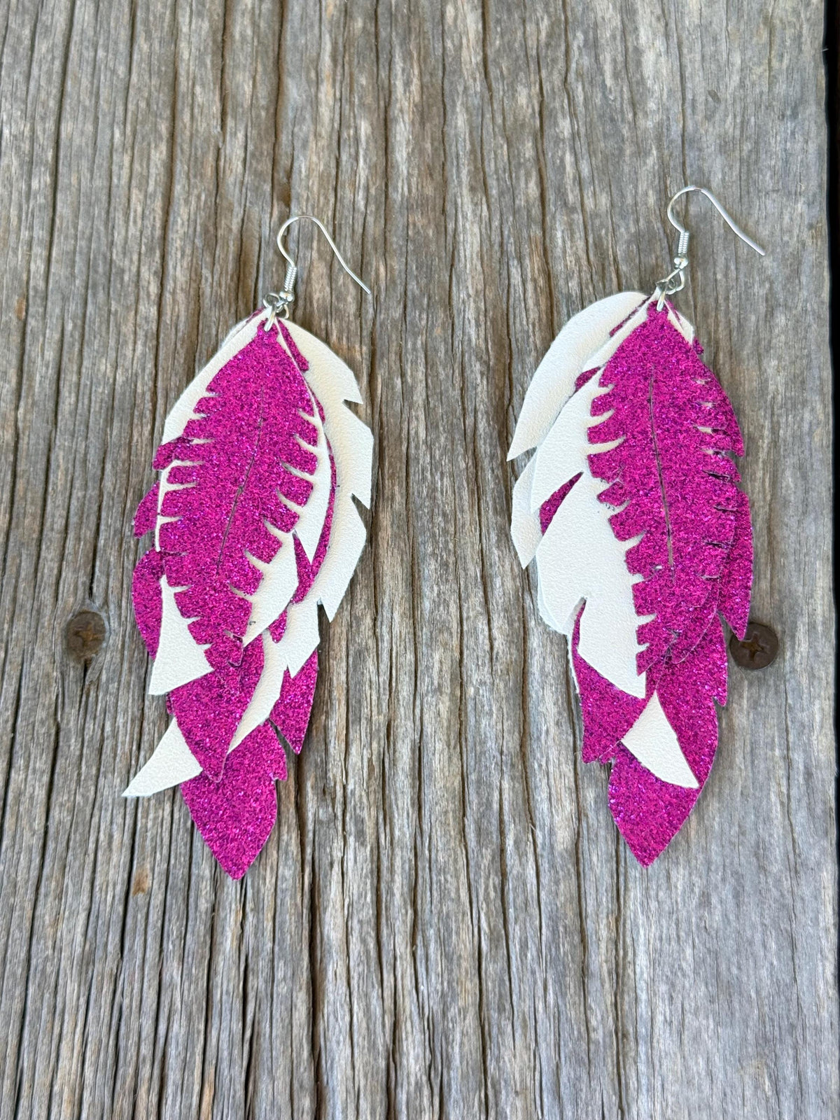 Purple Glitter & White Faux Leather Feather Earrings | Western Boho Layered Dangle