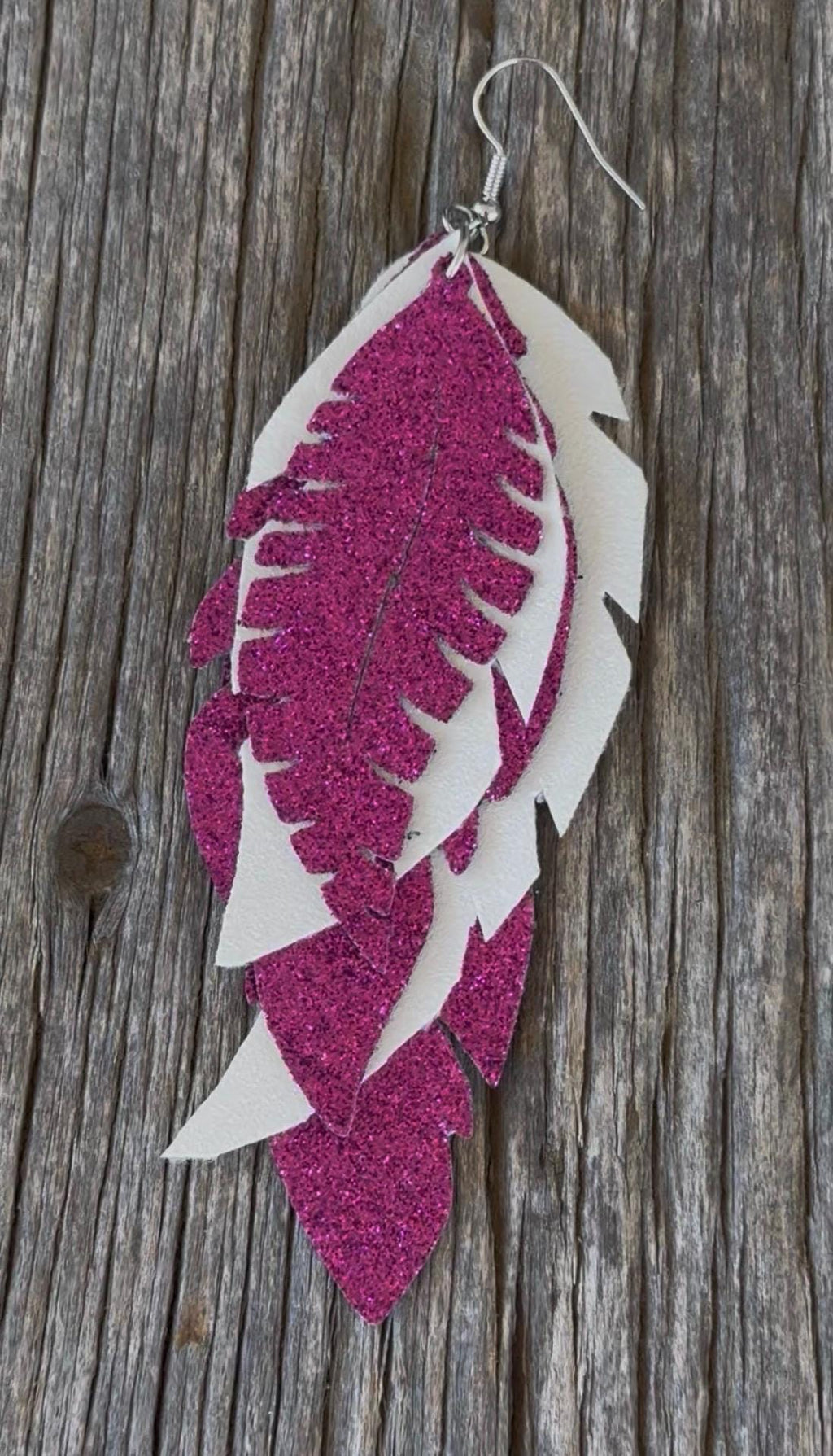 Purple Glitter & White Faux Leather Feather Earrings | Western Boho Layered Dangle