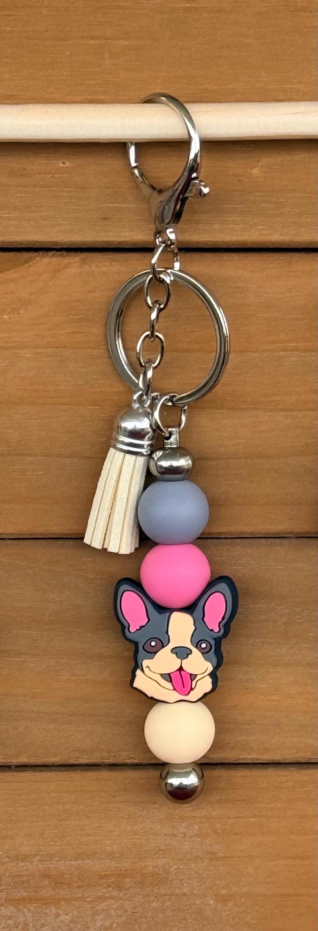 French Bulldog Silicone Beaded Keychain with Leather Tassel | Black, Tan & Frenchie Head Designs