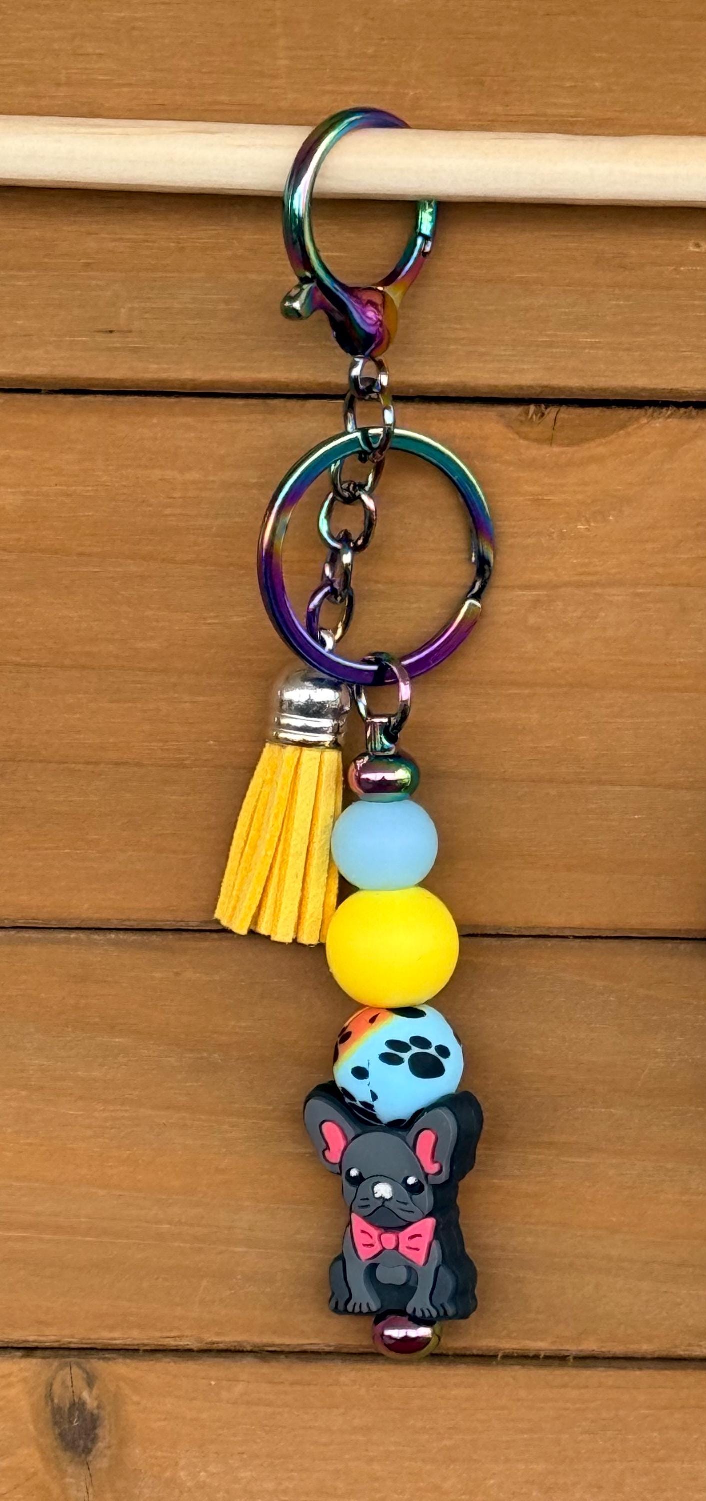 French Bulldog Silicone Beaded Keychain with Leather Tassel | Black, Tan & Frenchie Head Designs