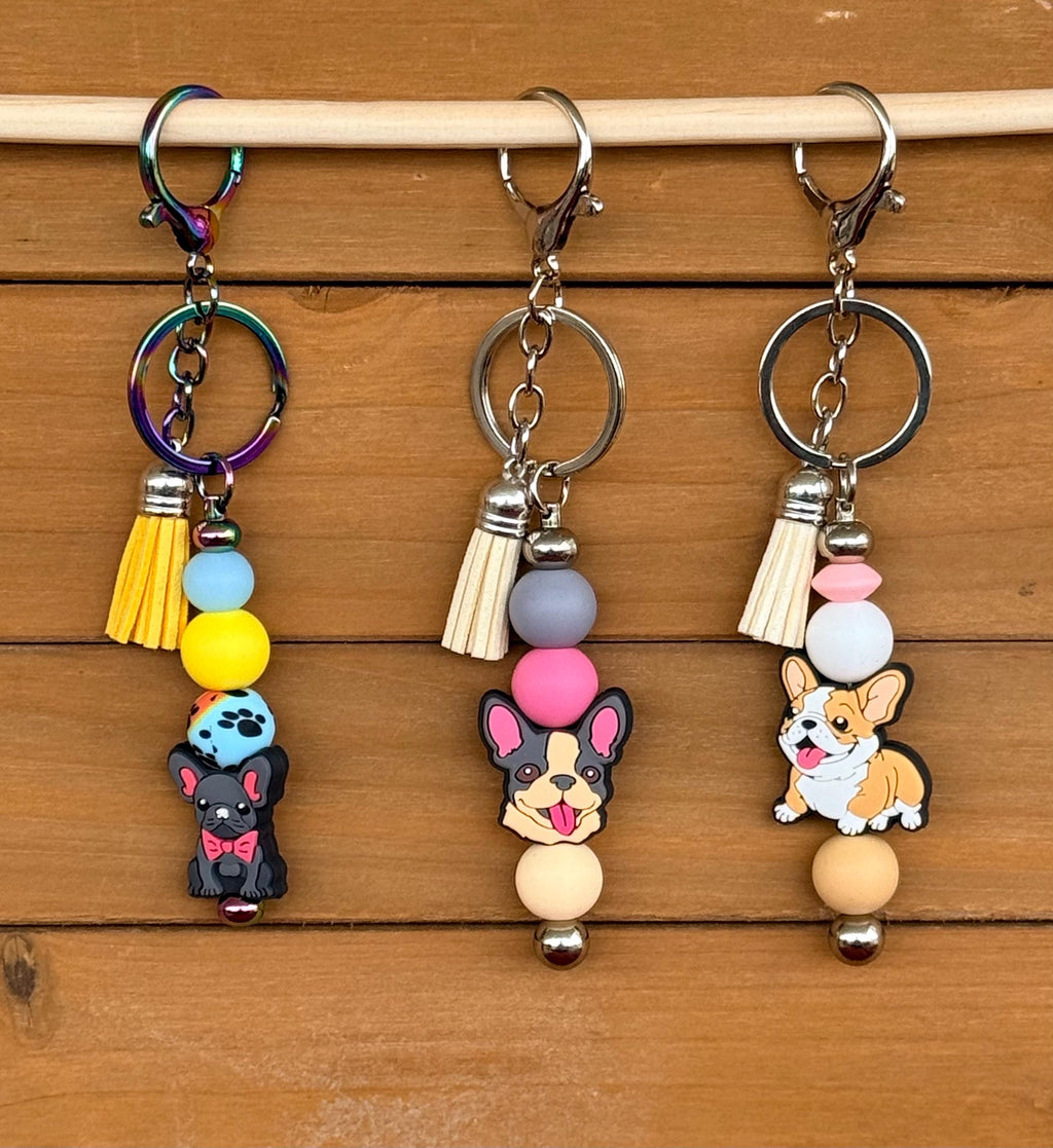 French Bulldog Silicone Beaded Keychain with Leather Tassel | Black, Tan & Frenchie Head Designs