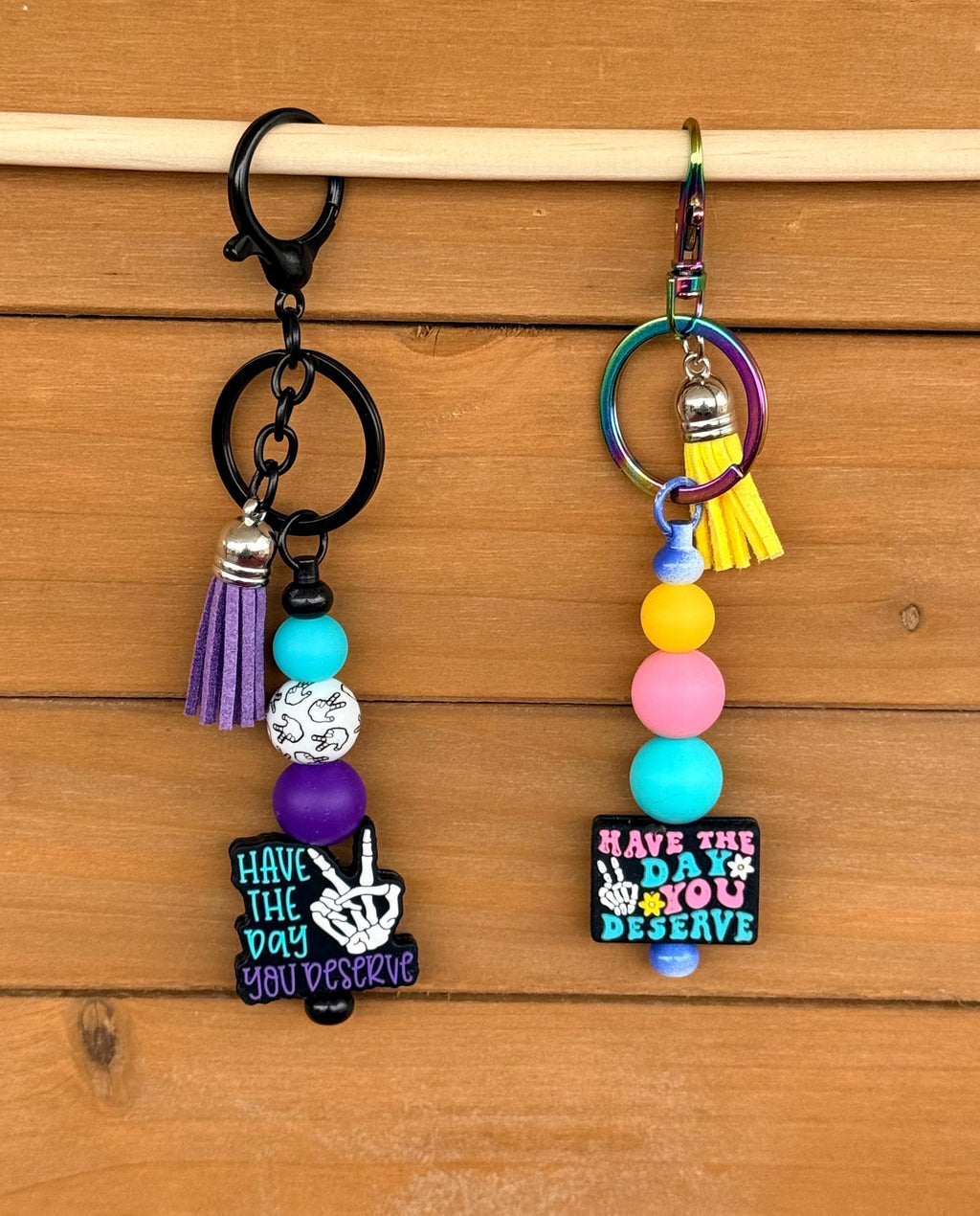 Skeleton Hand Peace Sign Silicone Beaded Keychain with Leather Tassel - "Have the Day You Deserve"