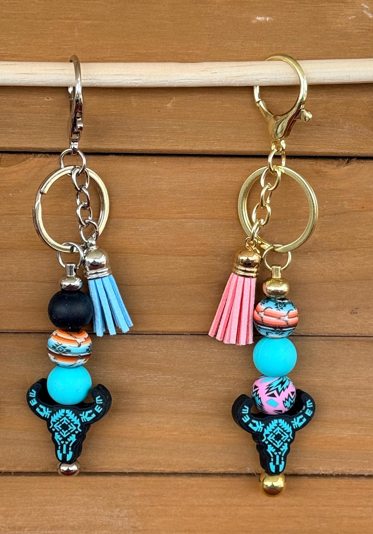 Western Longhorn Steer Skull Silicone Beaded Keychain | Turquoise Aztec & Cross Designs