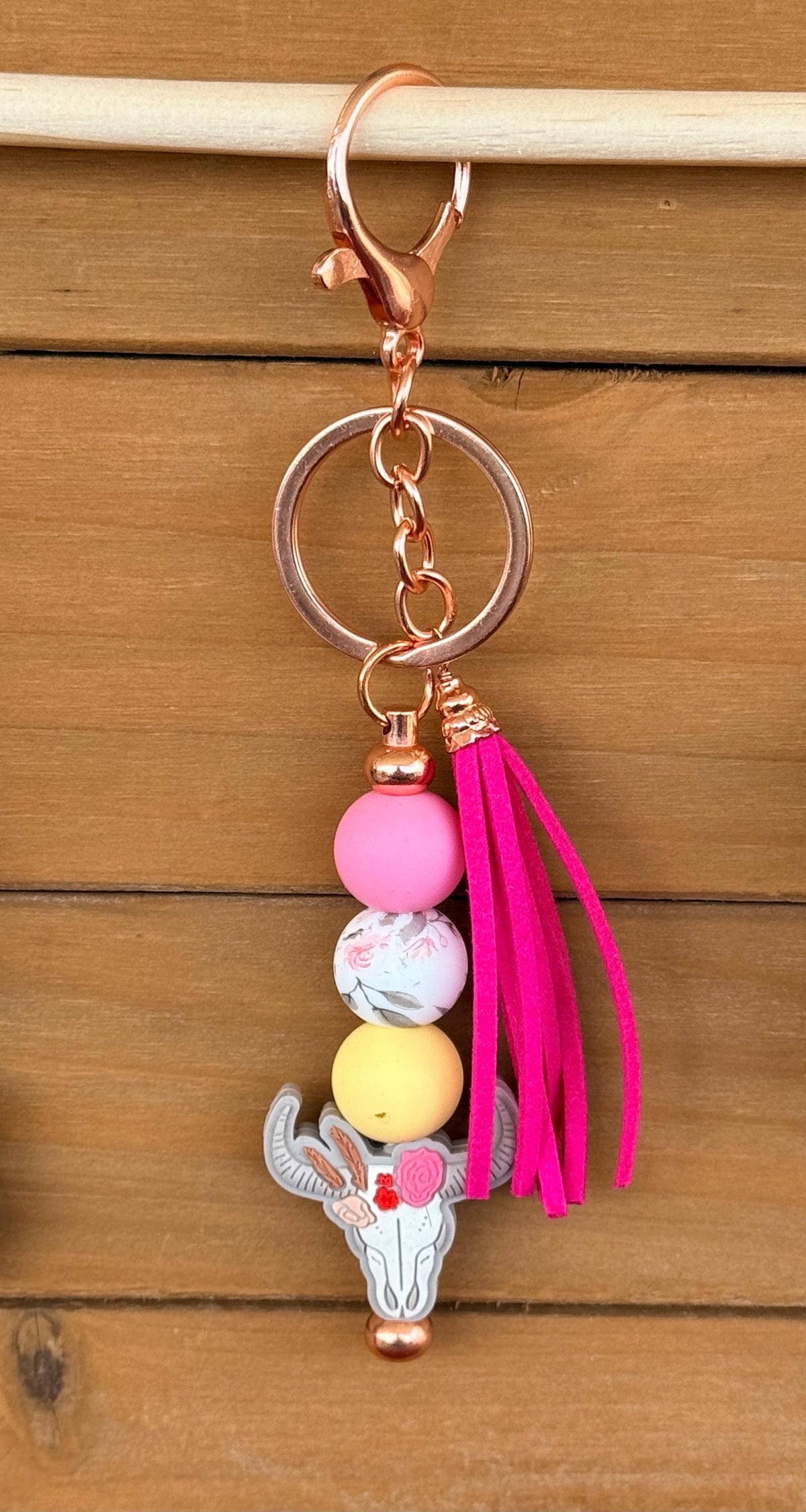 Western Longhorn Steer Skull Silicone Beaded Keychain with Leather Tassel