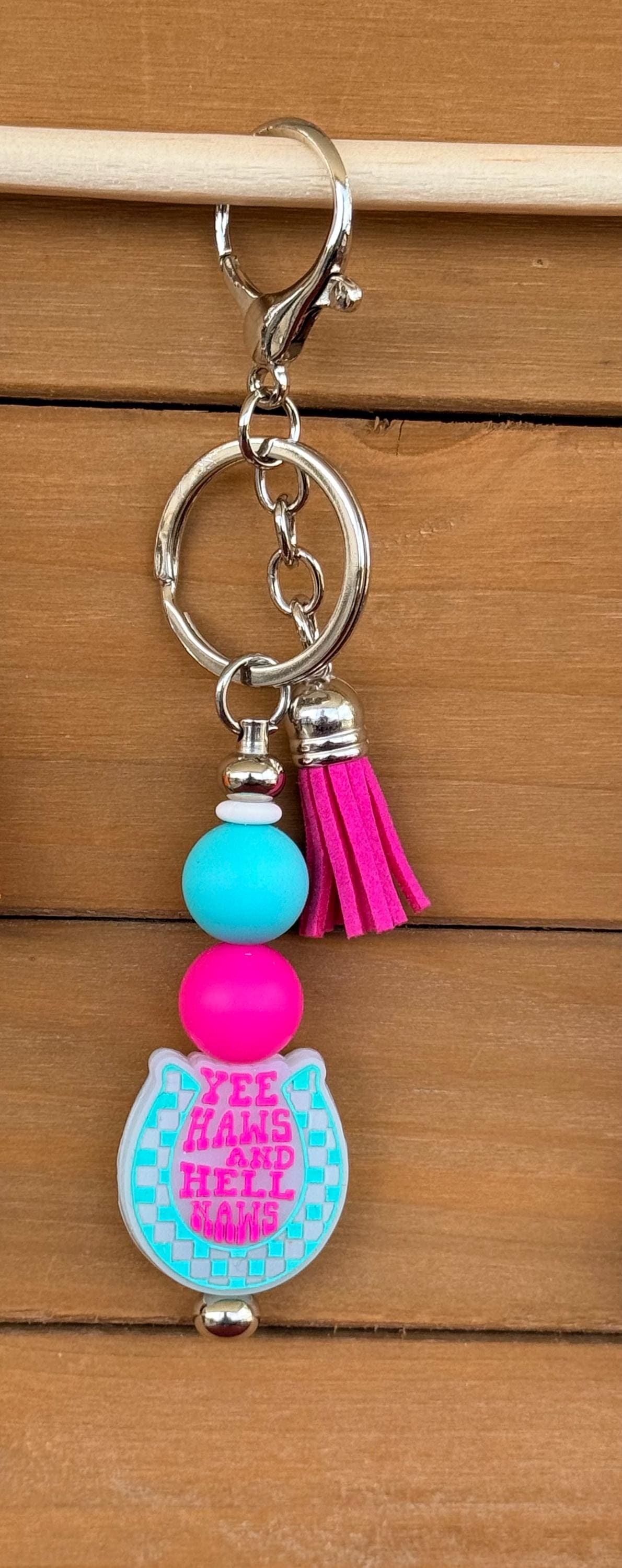 Western Sassy Sayings Silicone Beaded Keychain with Leather Tassel | Howdy, Yell Naw, Skeleton & More