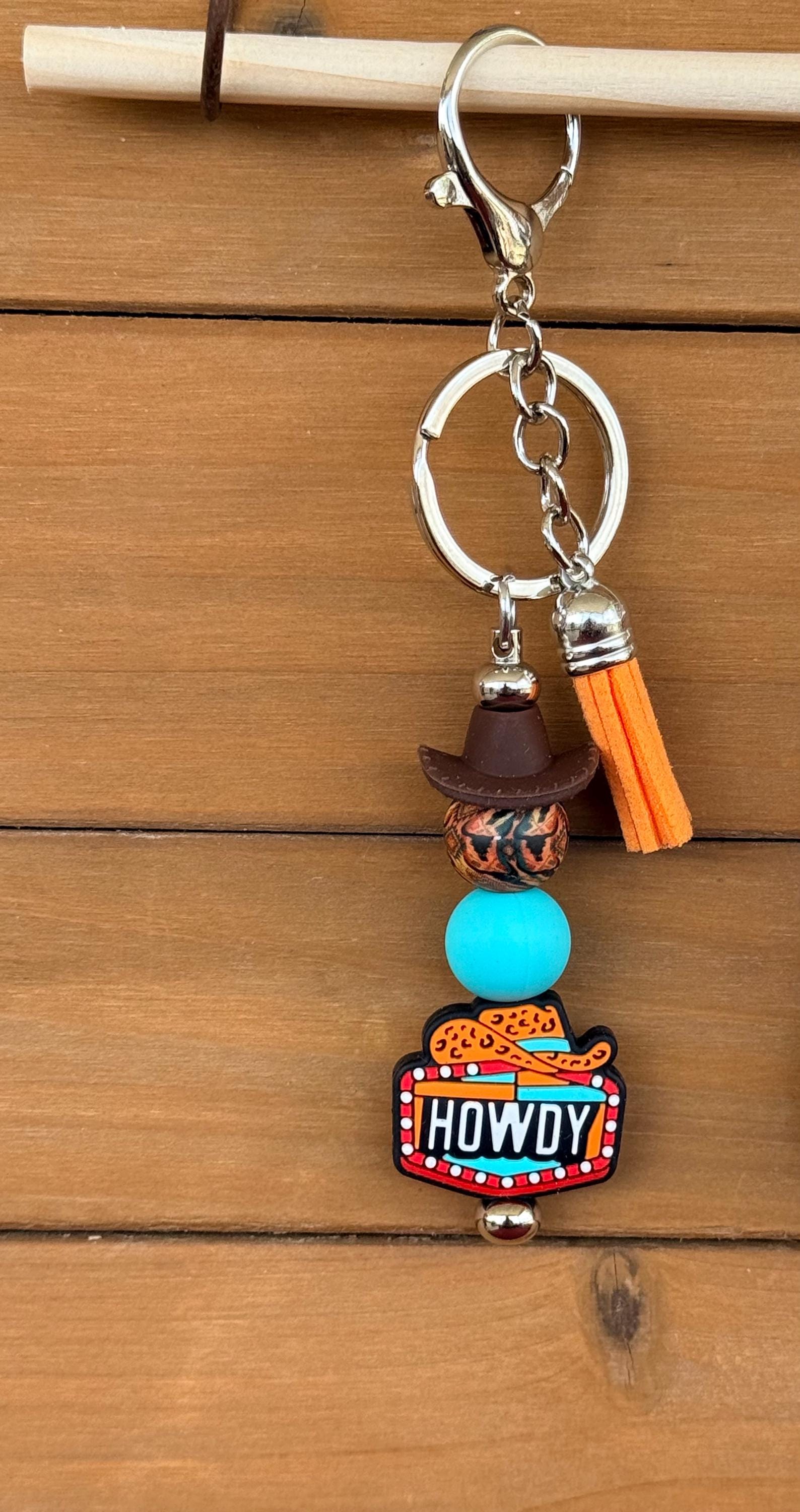 Western Sassy Sayings Silicone Beaded Keychain with Leather Tassel | Howdy, Yell Naw, Skeleton & More